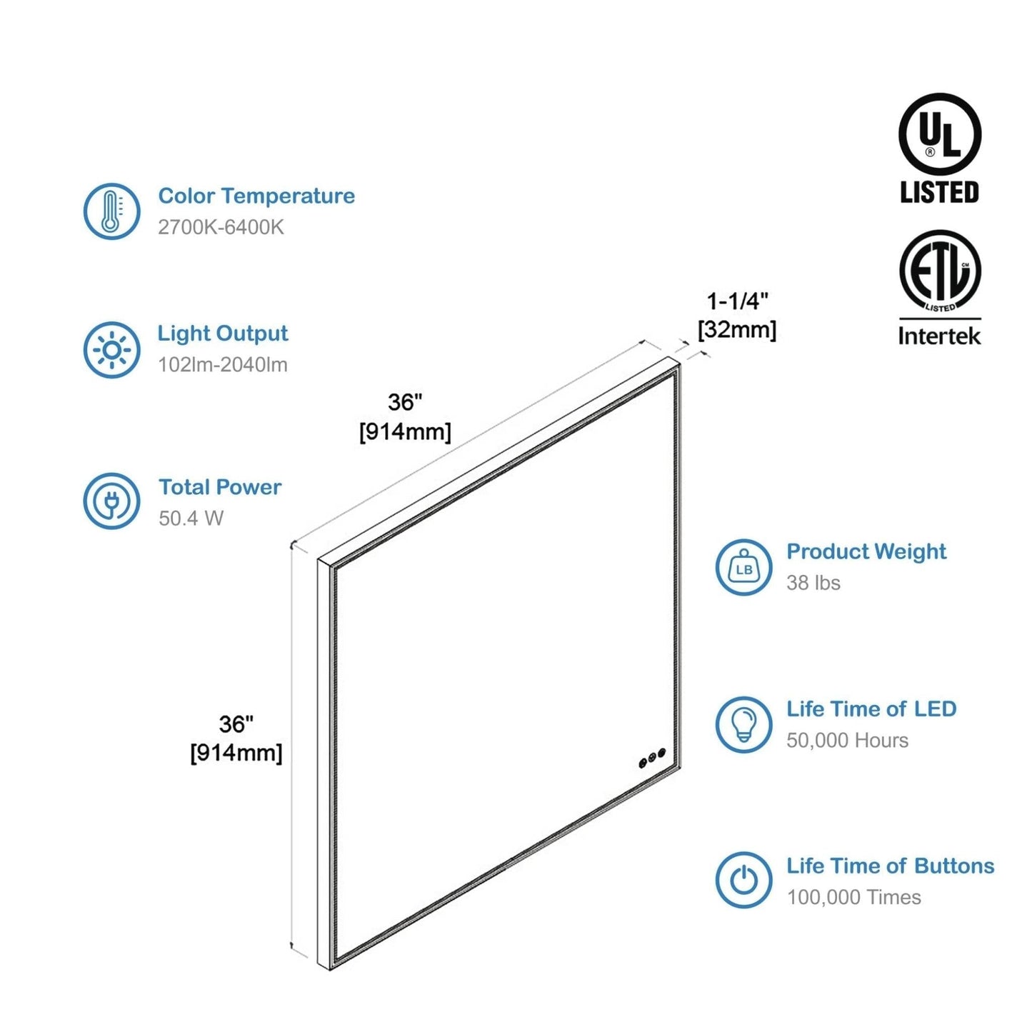 Blossom Stellar 36" x 36" Brushed Gold Wall-Mounted Square LED Mirror