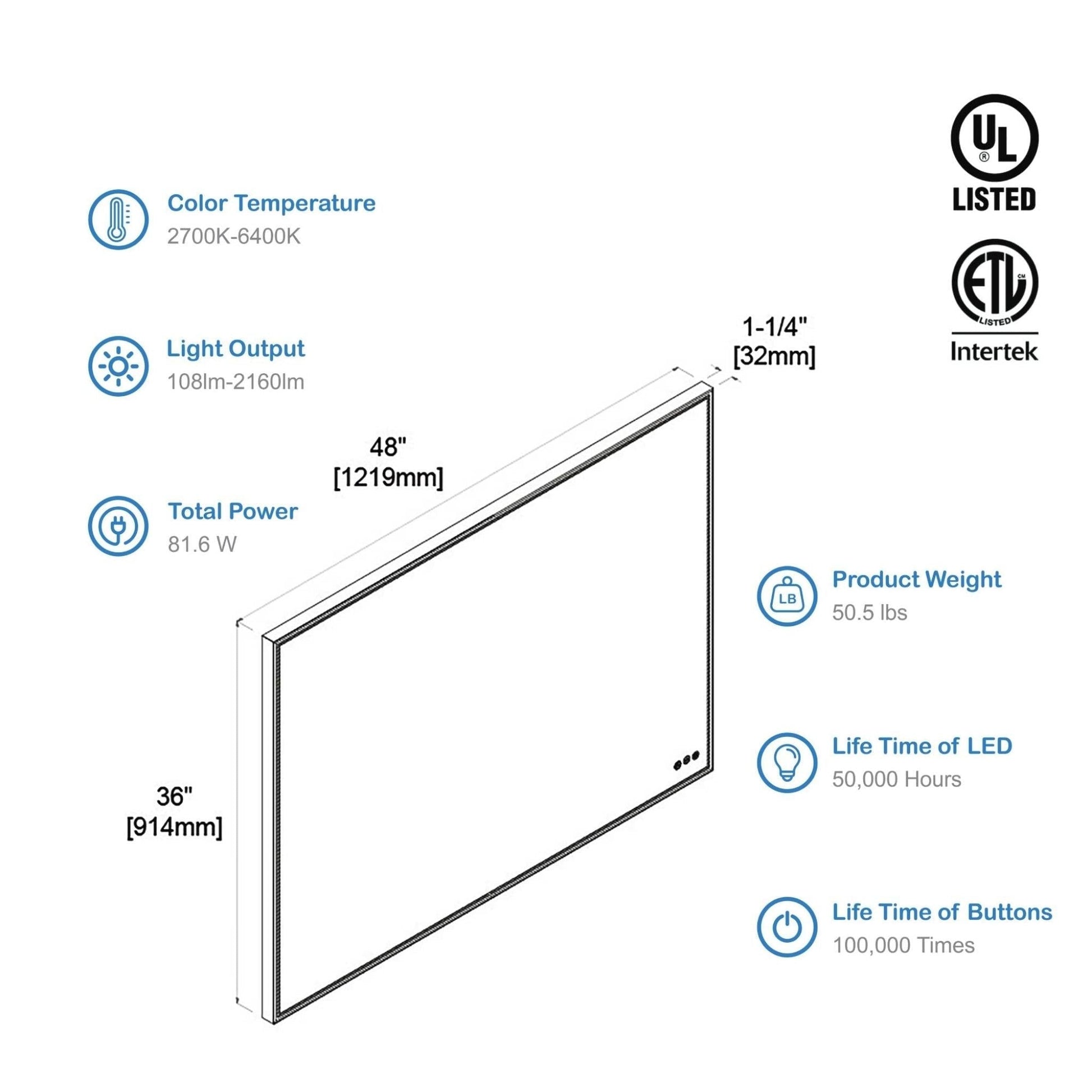 Blossom Stellar 48" x 36" Brushed Gold Wall-Mounted Rectangle LED Mirror