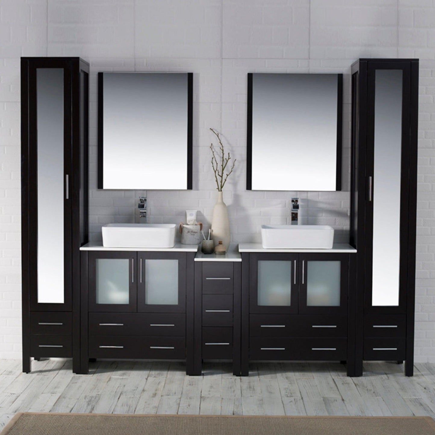 Blossom Sydney 102" Espresso Freestanding Vanity With Ceramic Double Vessel Sinks and Mirror