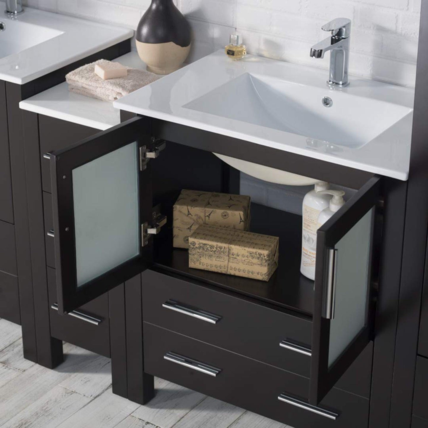 Blossom Sydney 102" Espresso Freestanding Vanity With Integrated Double Sinks Ceramic Top