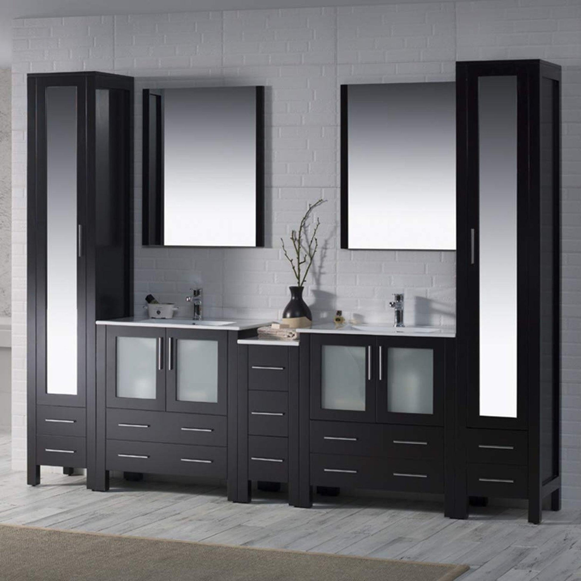 Blossom Sydney 102" Espresso Freestanding Vanity With Integrated Double Sinks Ceramic Top and Mirror