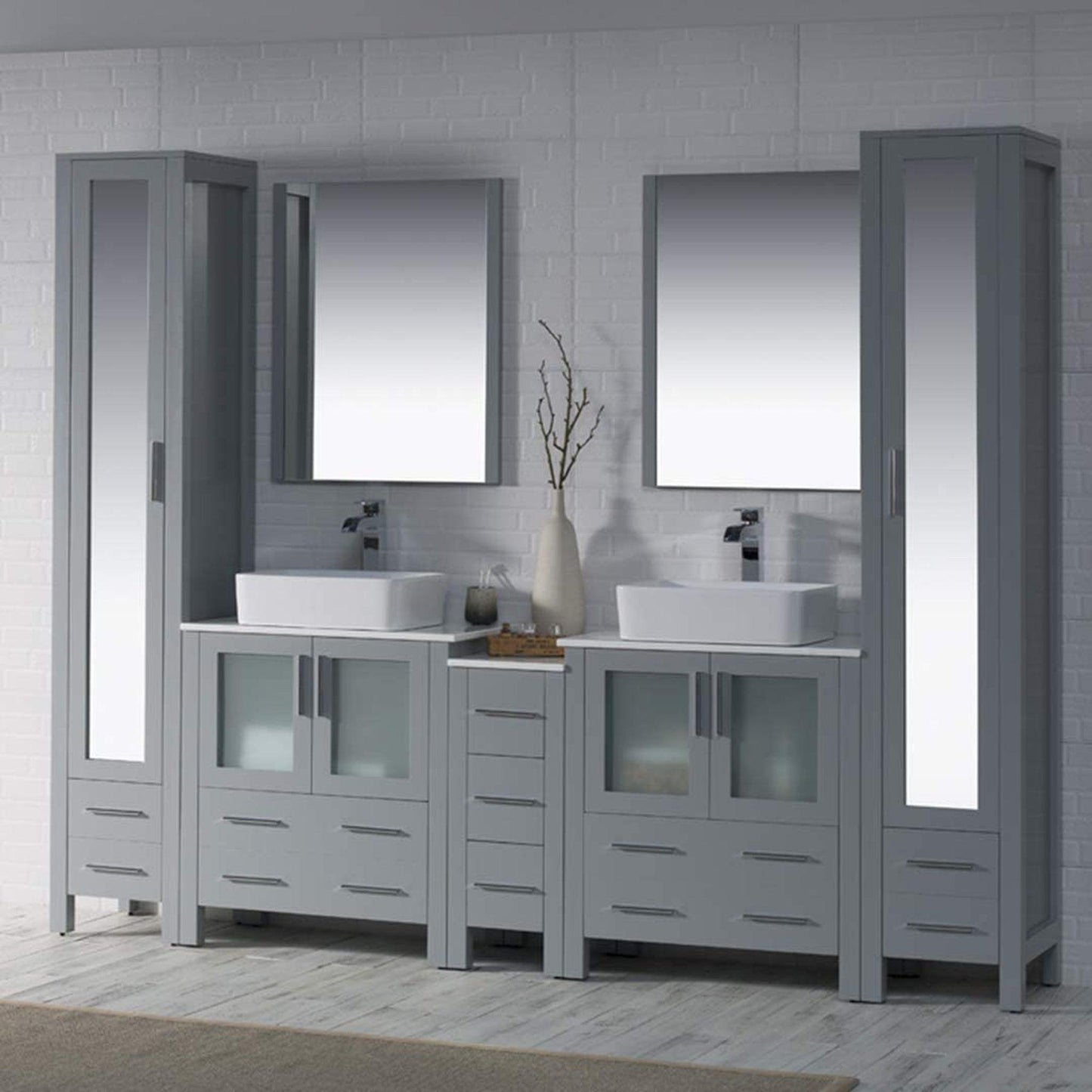 Blossom Sydney 102" Metal Gray Freestanding Vanity With Ceramic Double Vessel Sinks and Mirror