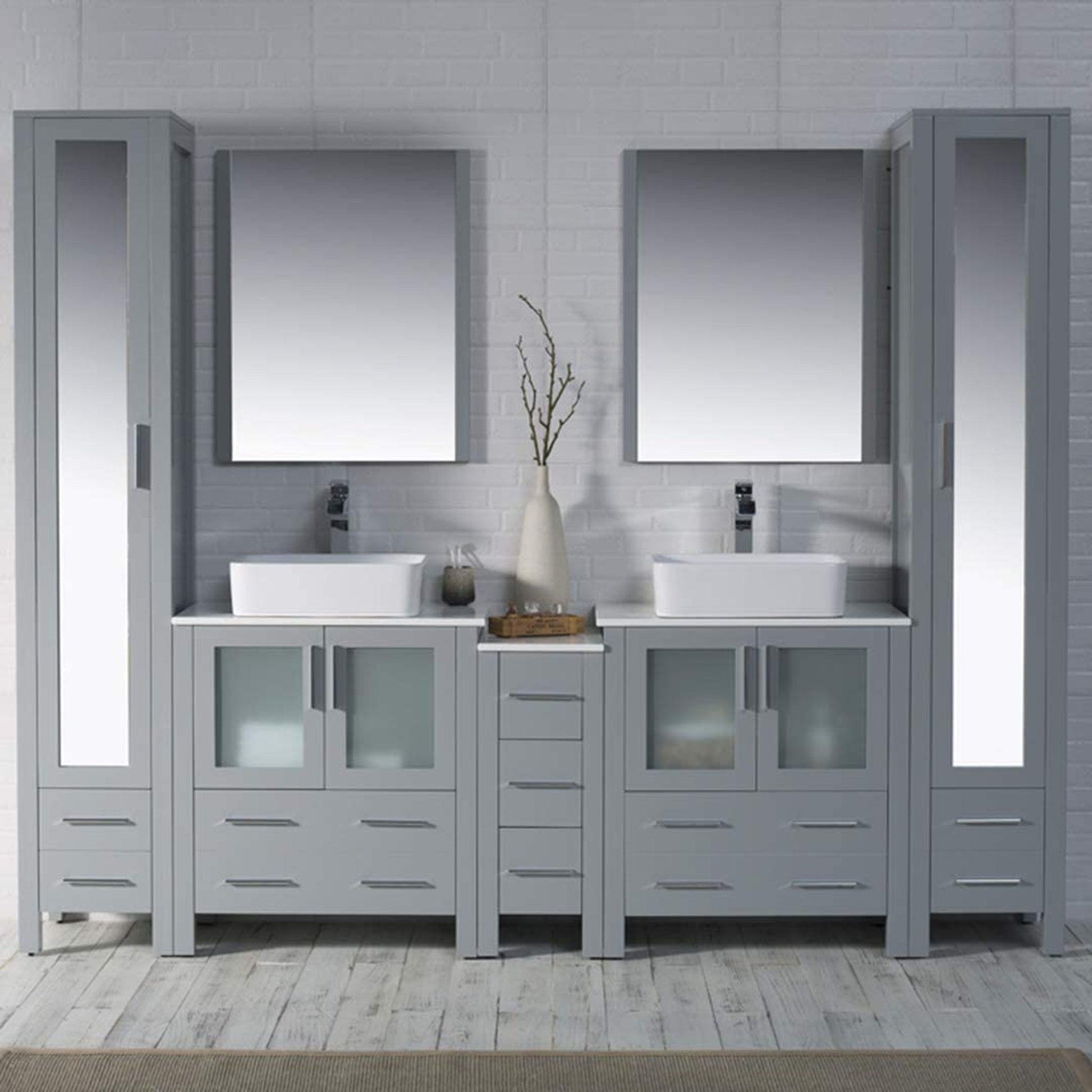 Blossom Sydney 102" Metal Gray Freestanding Vanity With Ceramic Double Vessel Sinks and Mirror