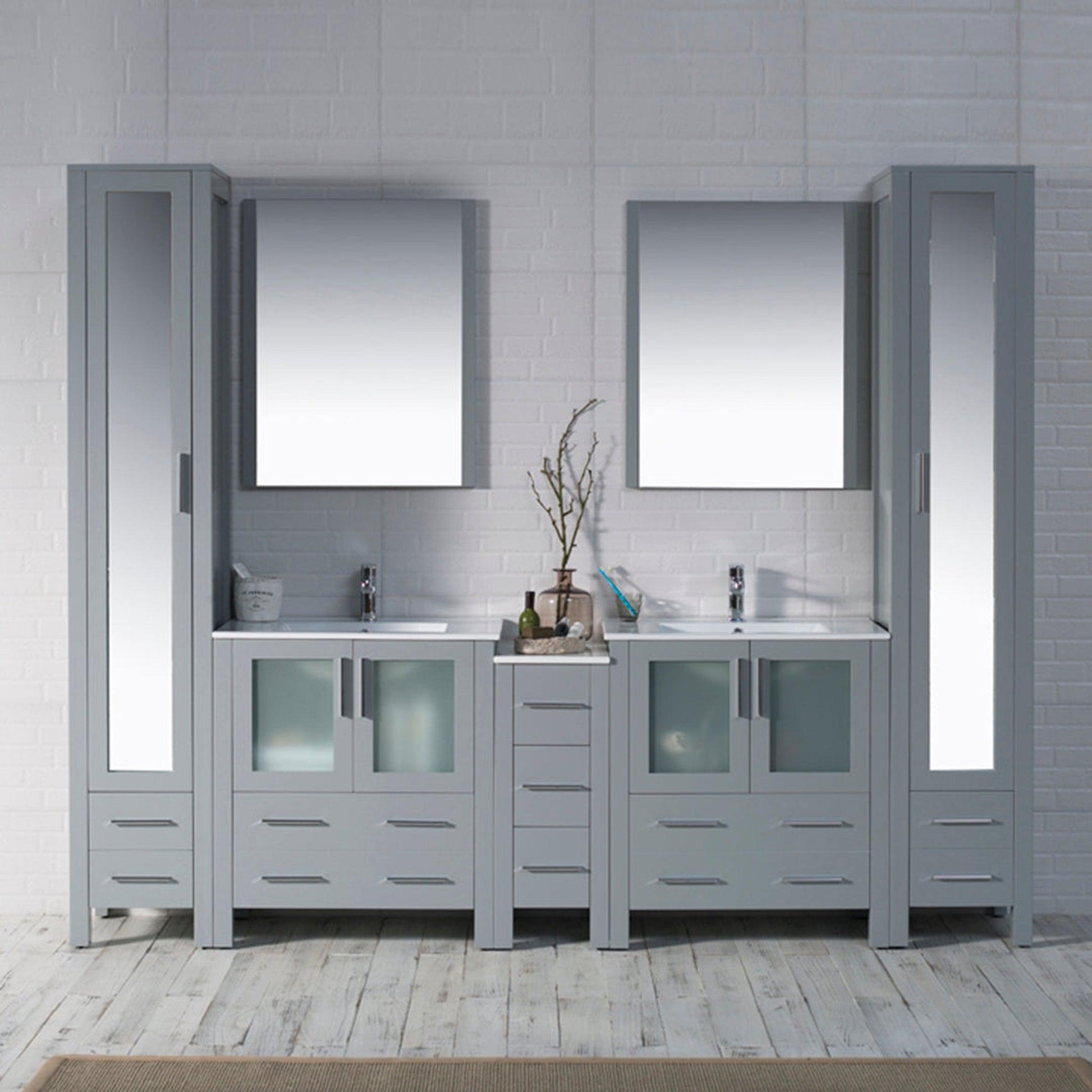 Blossom Sydney 102" Metal Gray Freestanding Vanity With Integrated Double Sinks Ceramic Top