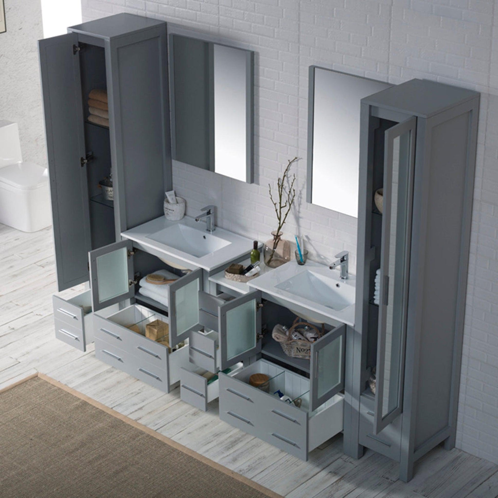 Blossom Sydney 102" Metal Gray Freestanding Vanity With Integrated Double Sinks Ceramic Top