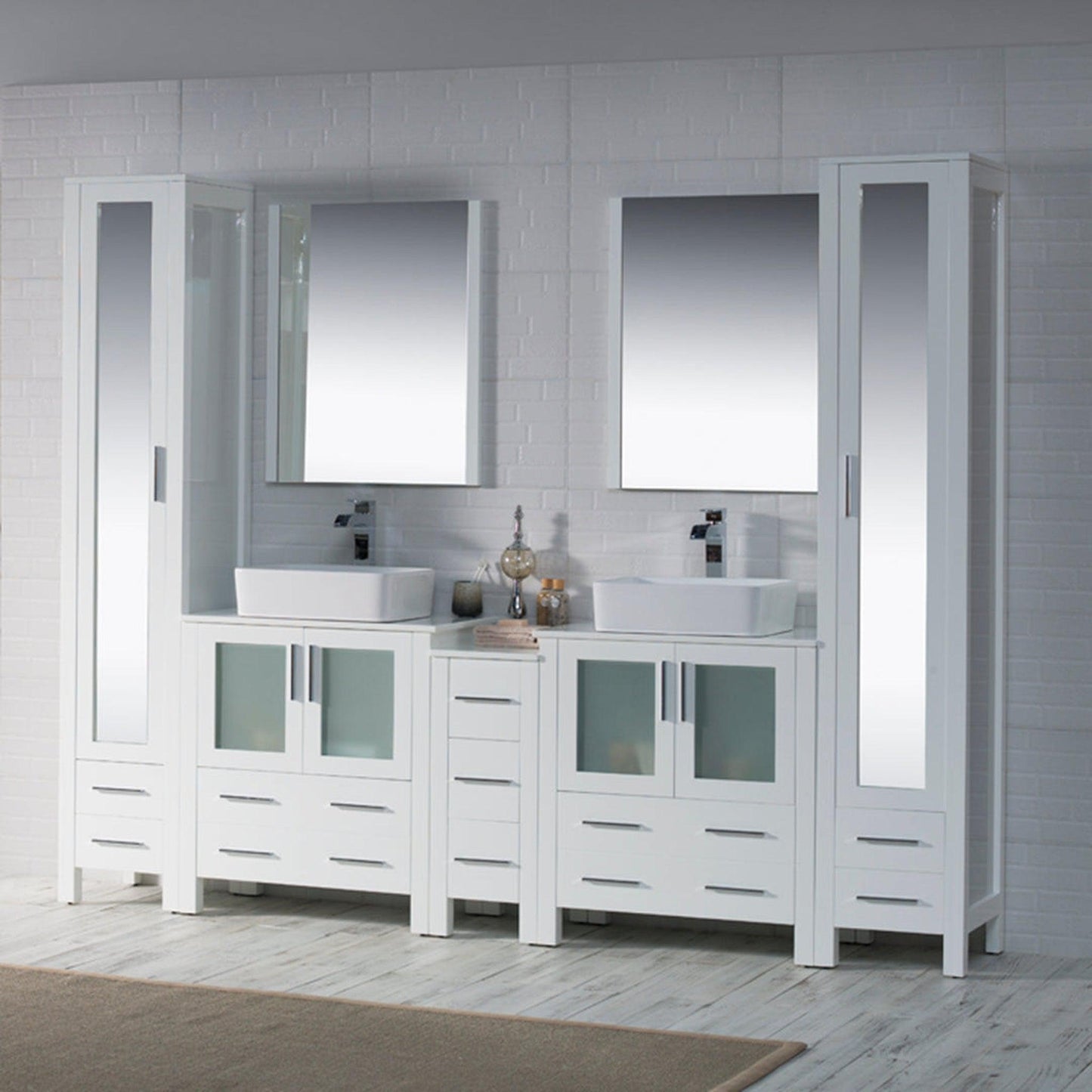 Blossom Sydney 102" White Freestanding Vanity With Ceramic Double Vessel Sinks and Mirror