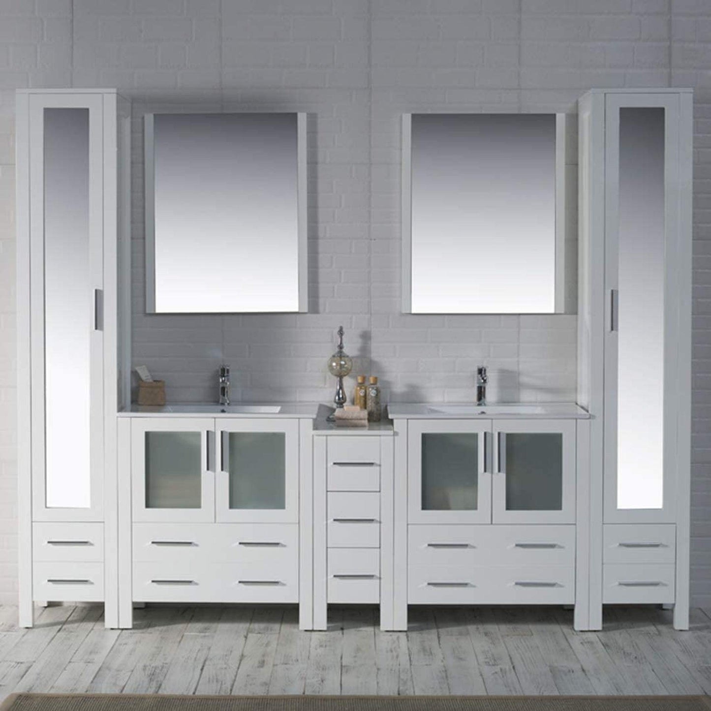 Blossom Sydney 102" White Freestanding Vanity With Integrated Double Sinks Ceramic Top and Mirror