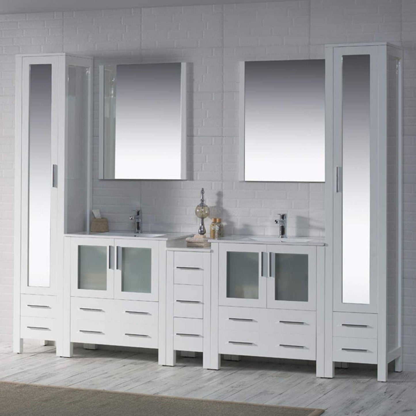 Blossom Sydney 102" White Freestanding Vanity With Integrated Double Sinks Ceramic Top and Mirror