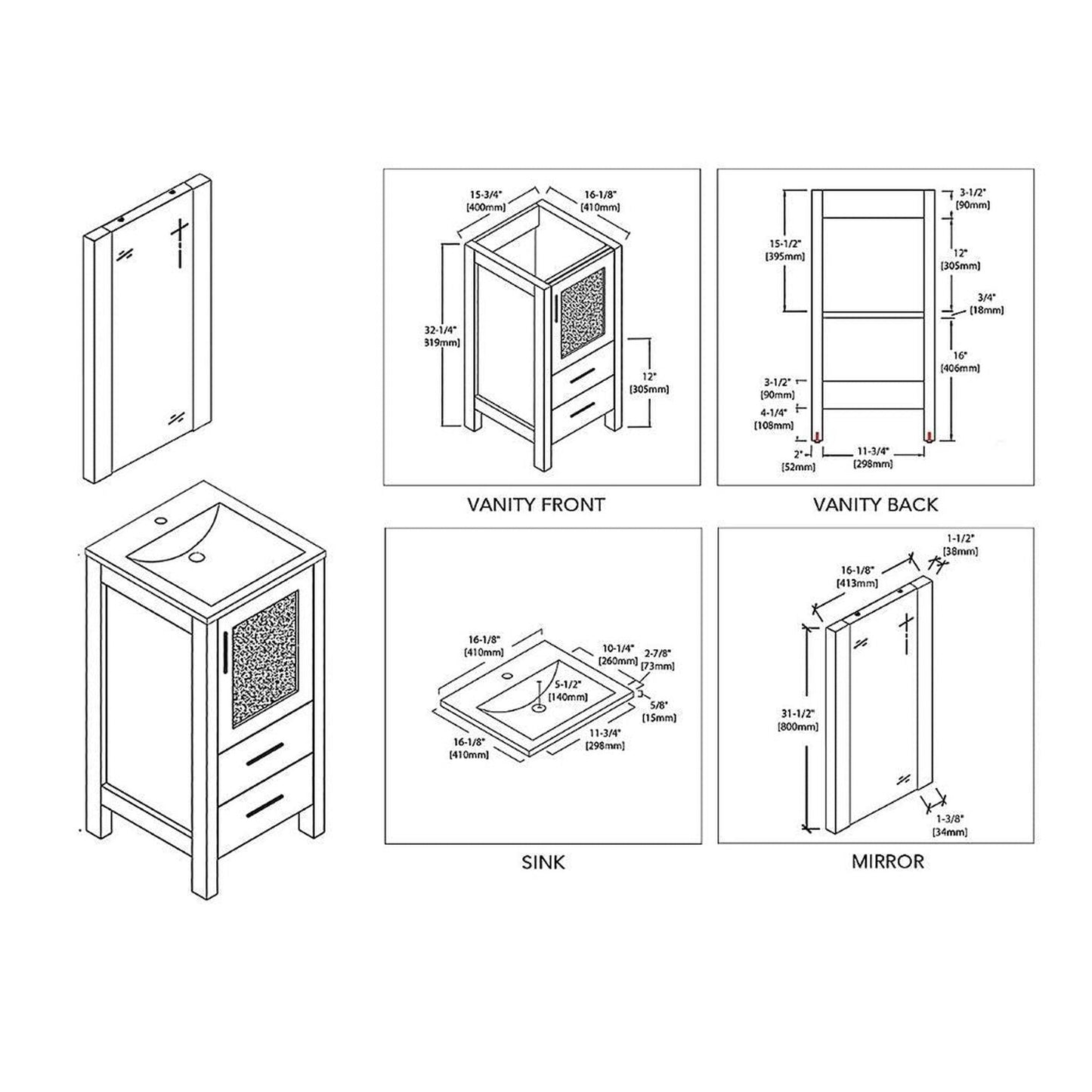 Blossom Sydney 16" 1-Drawer 1-Door Espresso Freestanding Vanity Set With Ceramic Drop-In Single Sink And Mirror