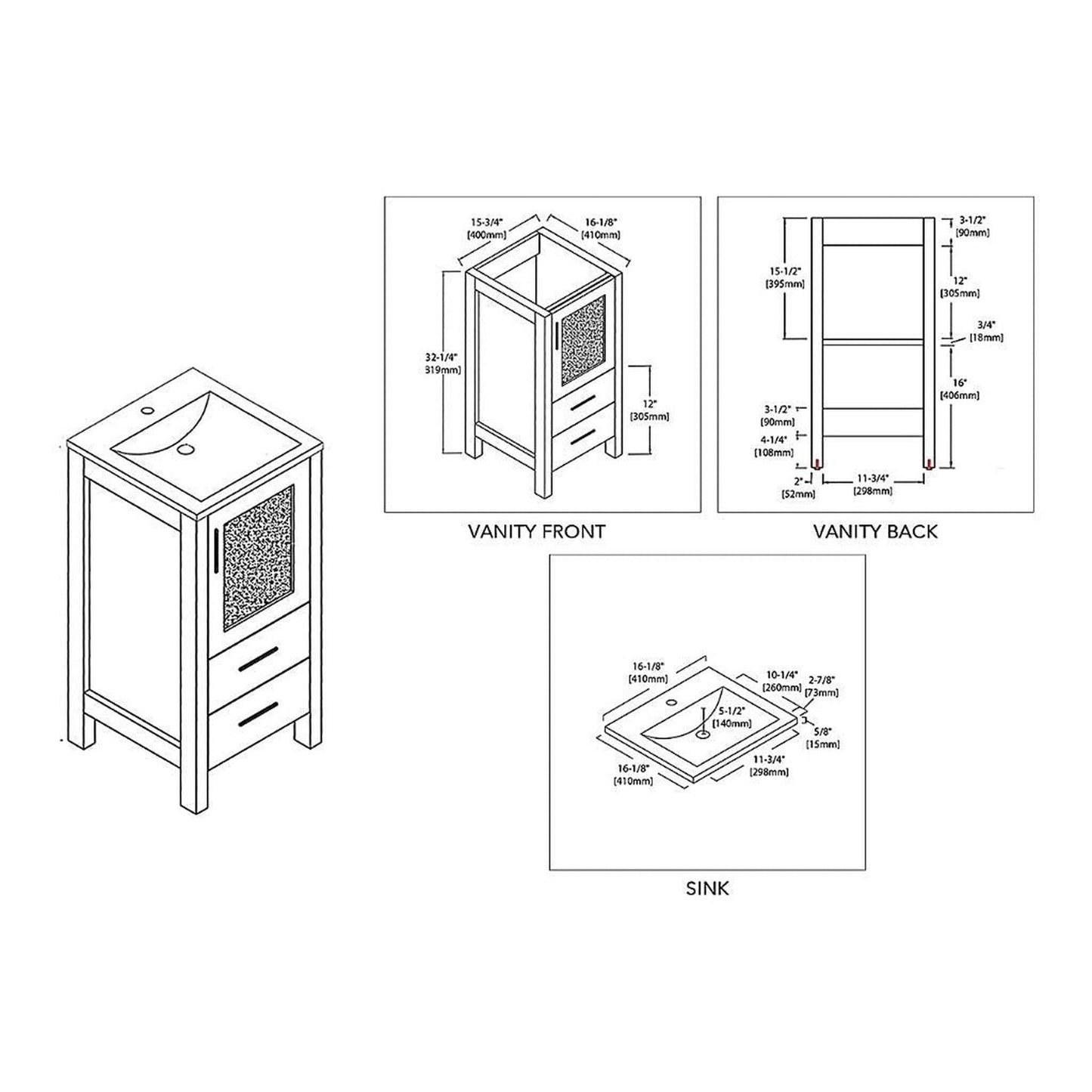 Blossom Sydney 16" 1-Drawer 1-Door Wenge Freestanding Vanity Set With Ceramic Drop-In Single Sink