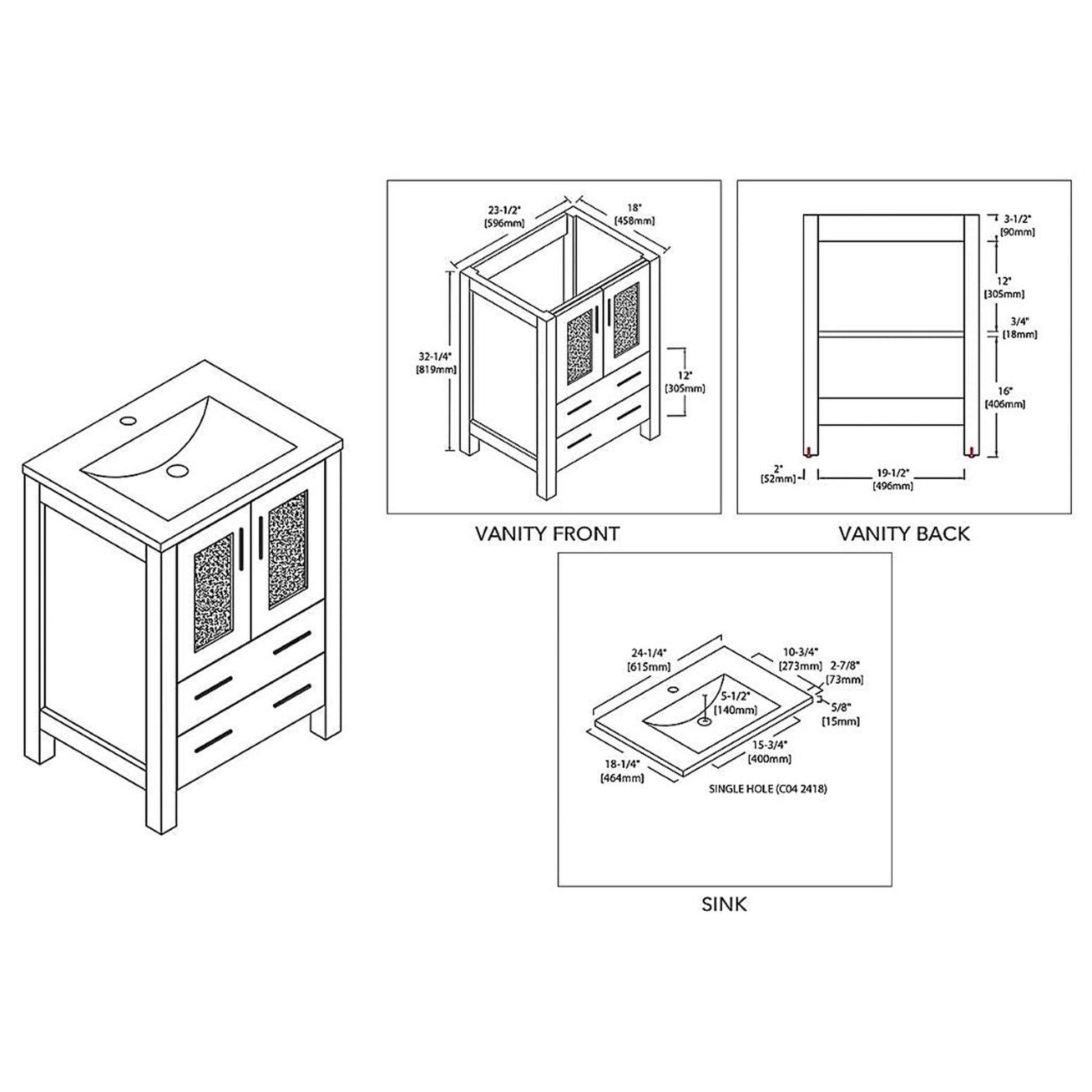 Blossom Sydney 24" White Freestanding Vanity Set With Integrated Single Sink Ceramic Top