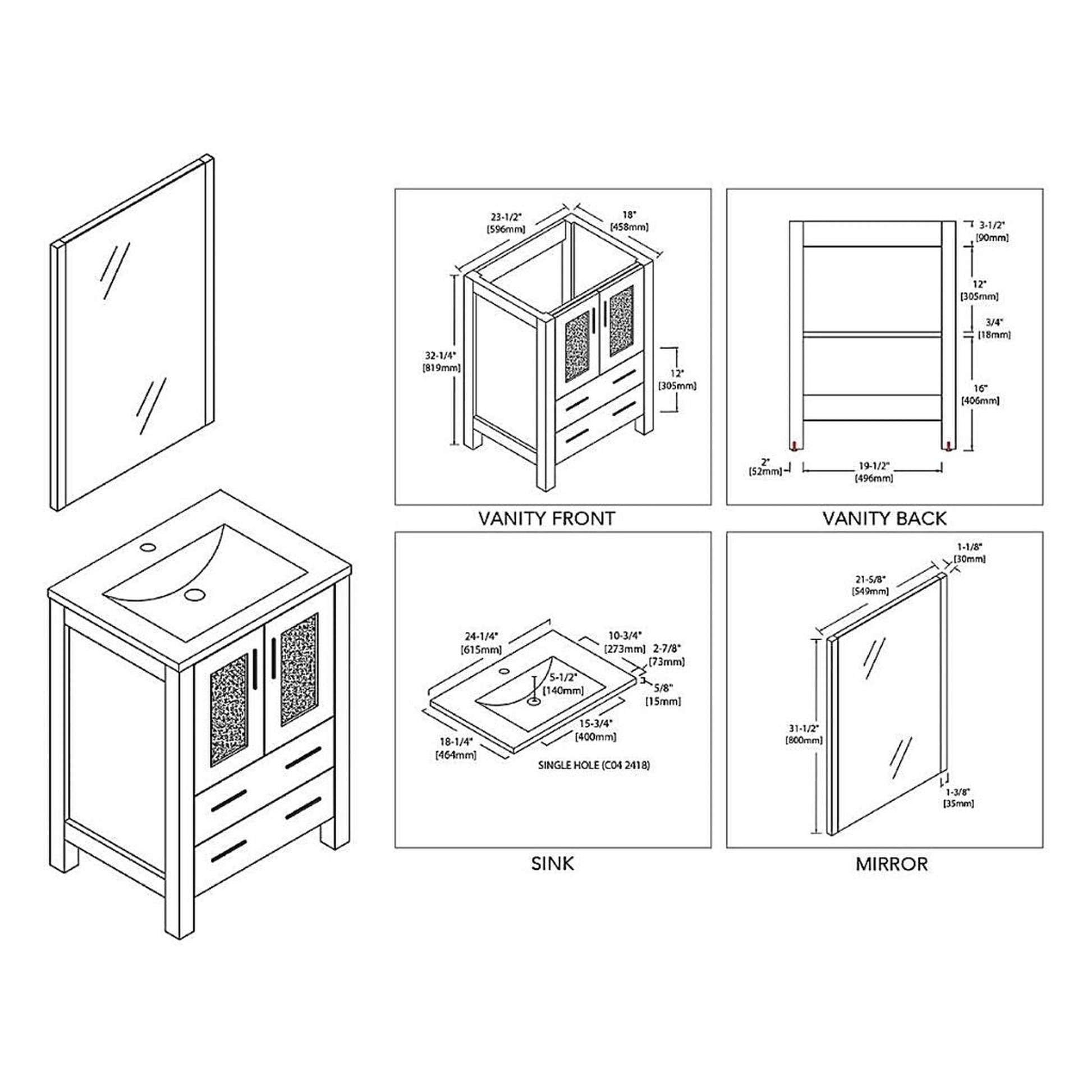 Blossom Sydney 24" White Freestanding Vanity Set With Integrated Single Sink Ceramic Top and Mirror