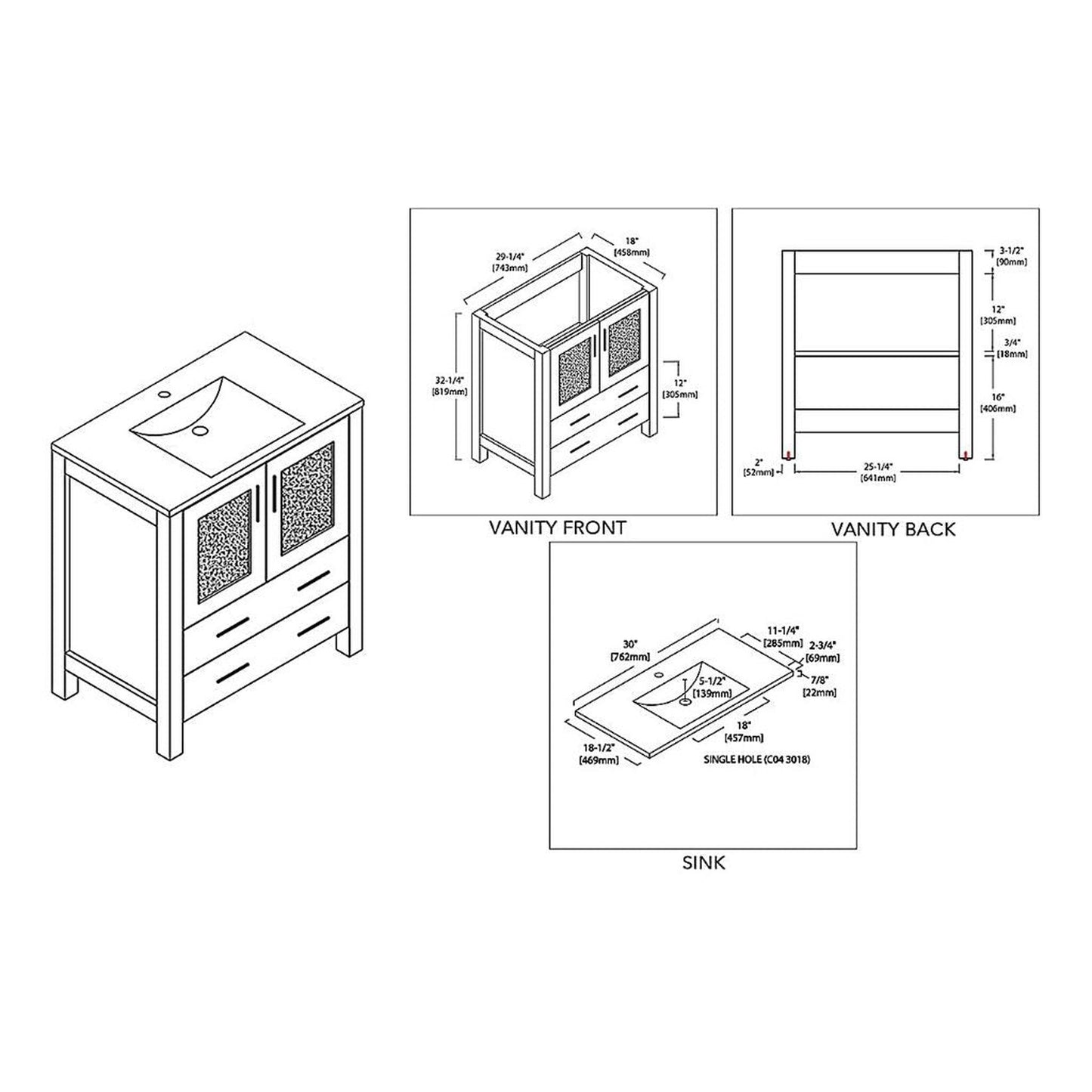 Blossom Sydney 30" Metal Gray Freestanding Vanity Set With Integrated Single Sink Ceramic Top