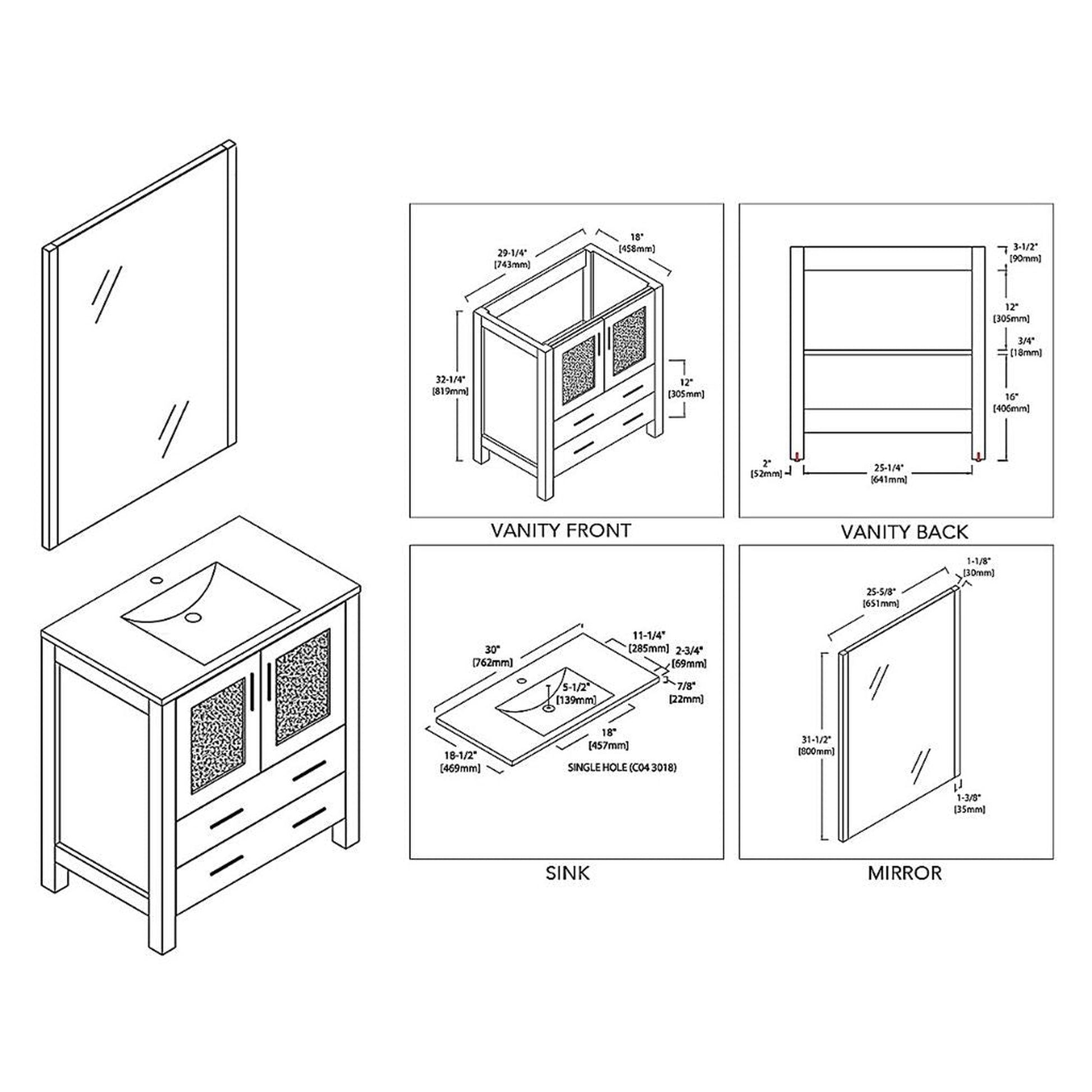 Blossom Sydney 30" White Freestanding Vanity Set With Integrated Single Sink Ceramic Top and Mirror