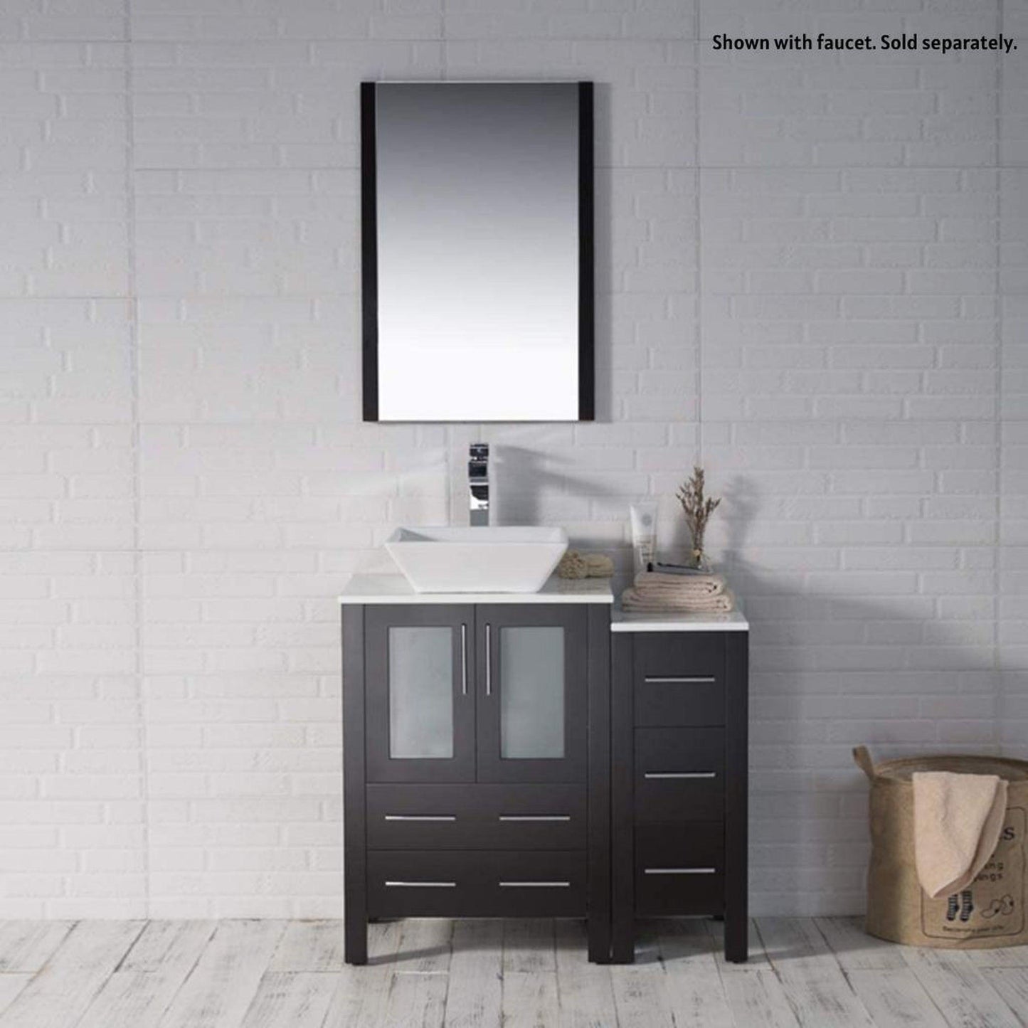 Blossom Sydney 36" Espresso Freestanding Vanity Set With Ceramic Vessel Single Sink, Mirror and Side Cabinet