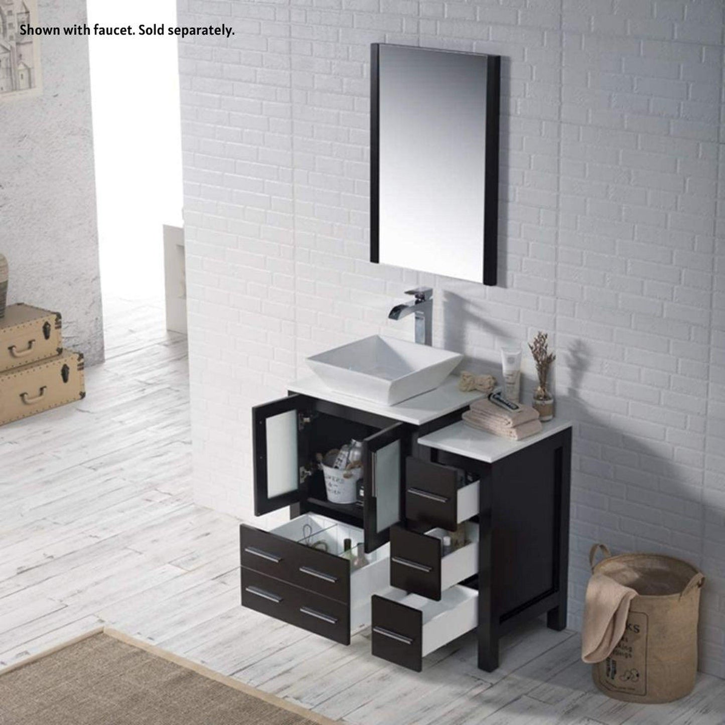 Blossom Sydney 36" Espresso Freestanding Vanity Set With Ceramic Vessel Single Sink, Mirror and Side Cabinet