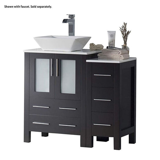 Blossom Sydney 36" Espresso Freestanding Vanity Set With Ceramic Vessel Single Sink, Mirror and Side Cabinet