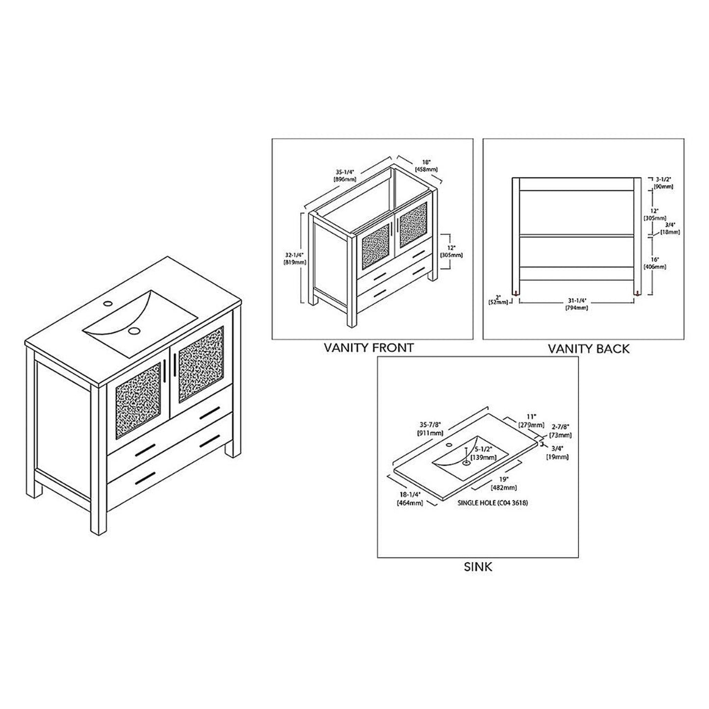 Blossom Sydney 36" Espresso Freestanding Vanity Set With Integrated Single Sink Ceramic Top