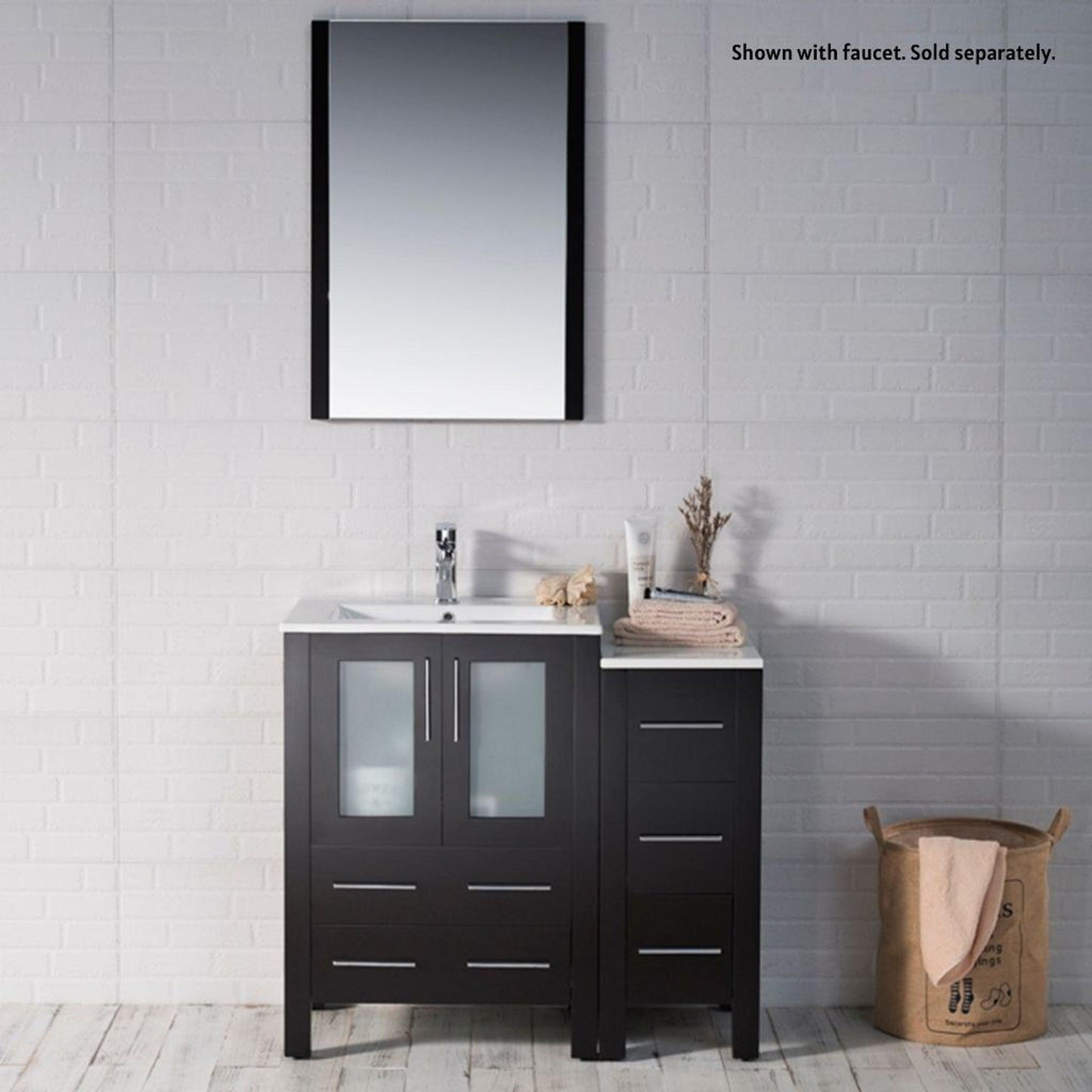 Blossom Sydney 36" Espresso Freestanding Vanity Set With Integrated Single Sink Ceramic Top, Mirror and Side Cabinet