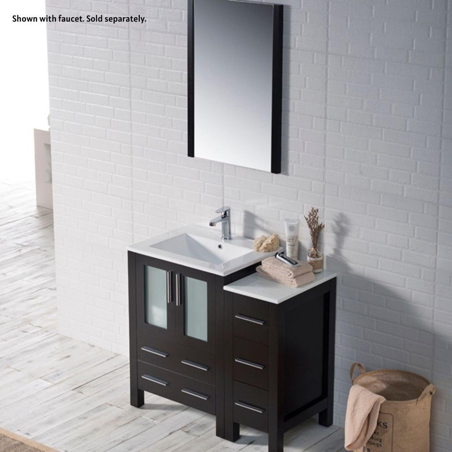 Blossom Sydney 36" Espresso Freestanding Vanity Set With Integrated Single Sink Ceramic Top, Mirror and Side Cabinet
