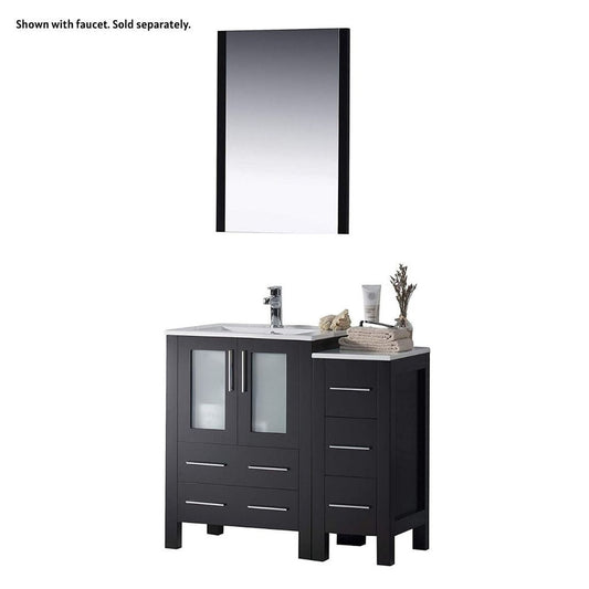 Blossom Sydney 36" Espresso Freestanding Vanity Set With Integrated Single Sink Ceramic Top, Mirror and Side Cabinet