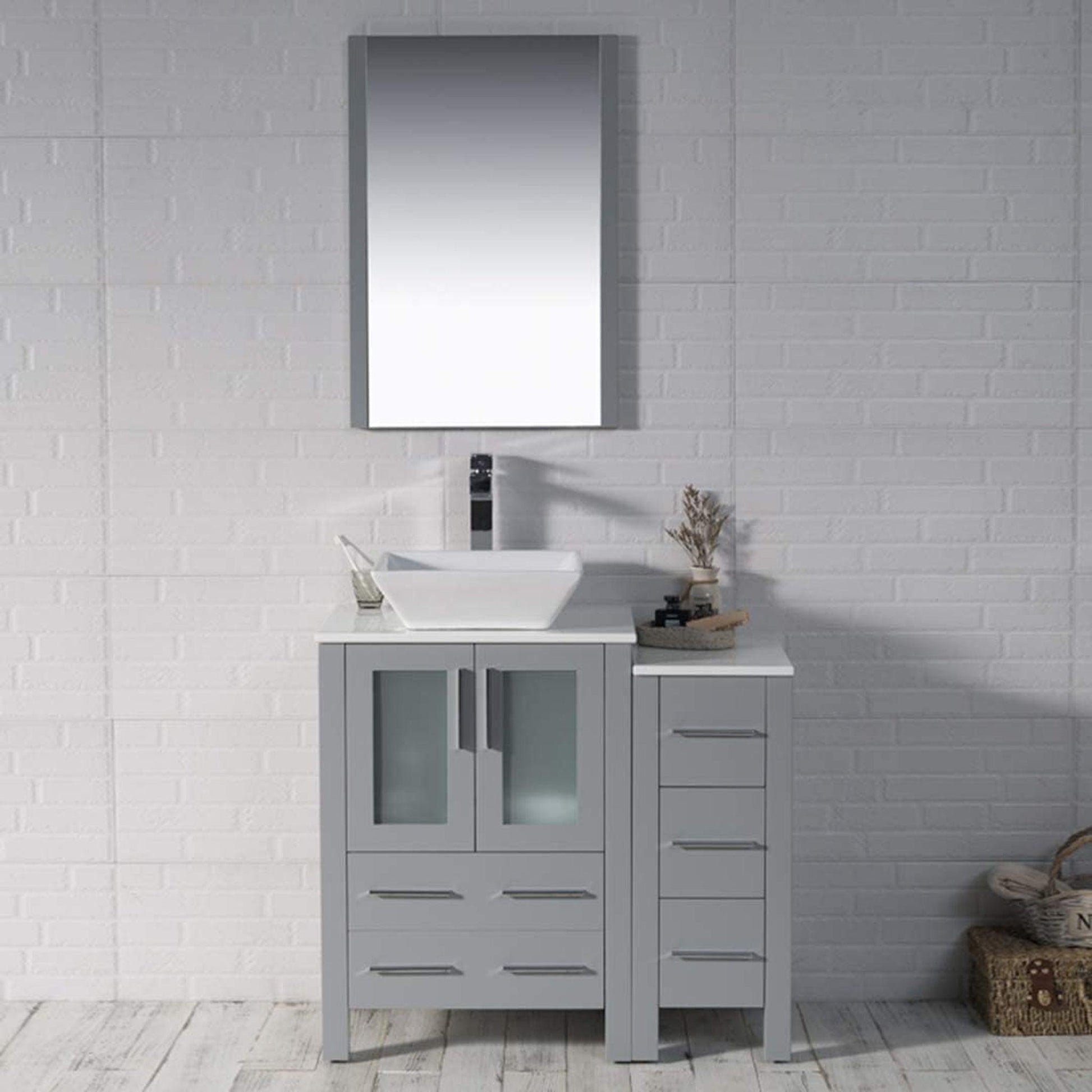 Blossom Sydney 36" Metal Gray Freestanding Vanity Set With Ceramic Vessel Single Sink, Mirror and Side Cabinet