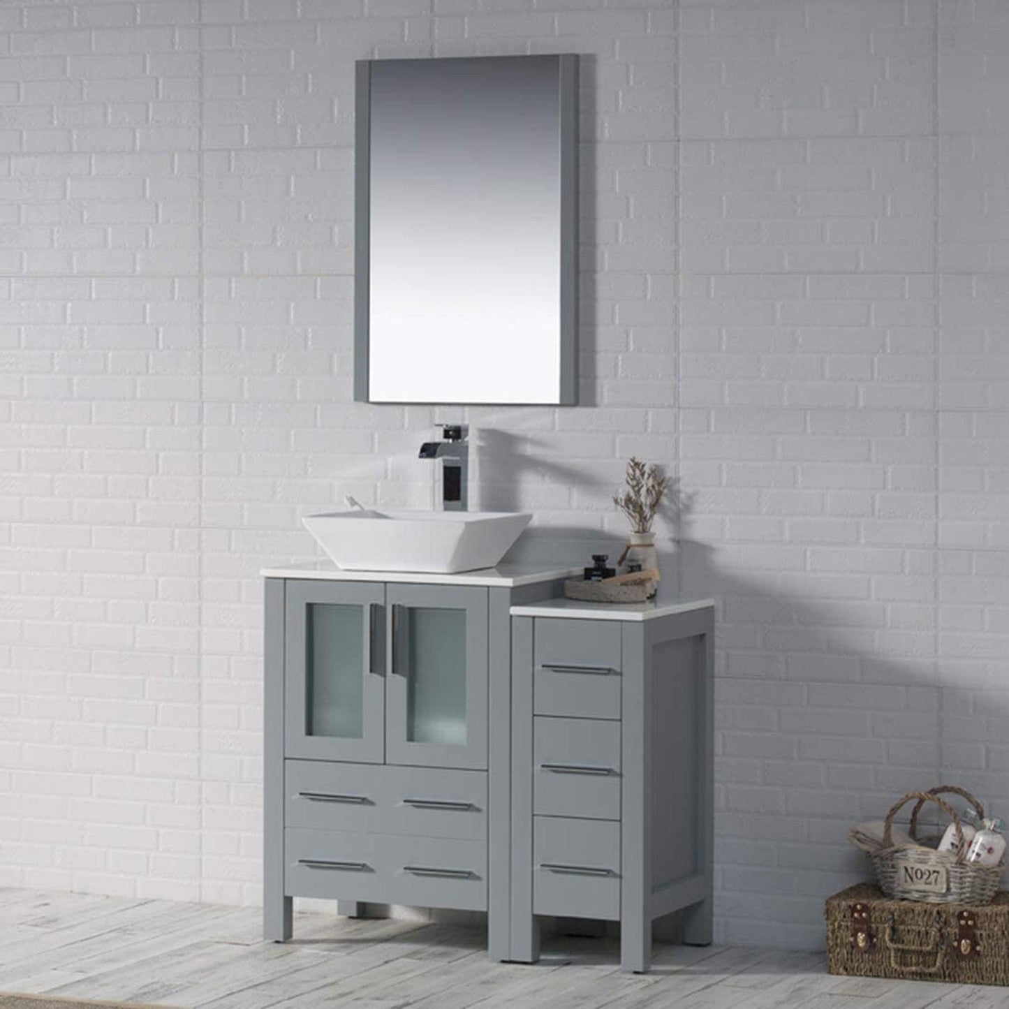 Blossom Sydney 36" Metal Gray Freestanding Vanity Set With Ceramic Vessel Single Sink, Mirror and Side Cabinet