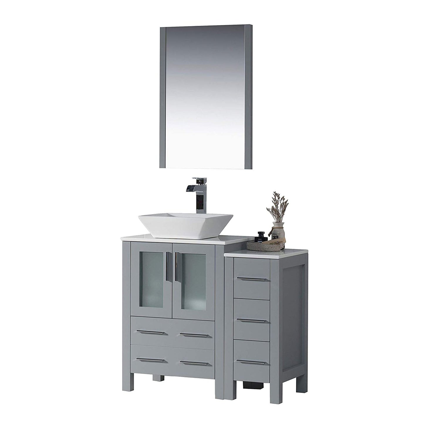 Blossom Sydney 36" Metal Gray Freestanding Vanity Set With Ceramic Vessel Single Sink, Mirror and Side Cabinet