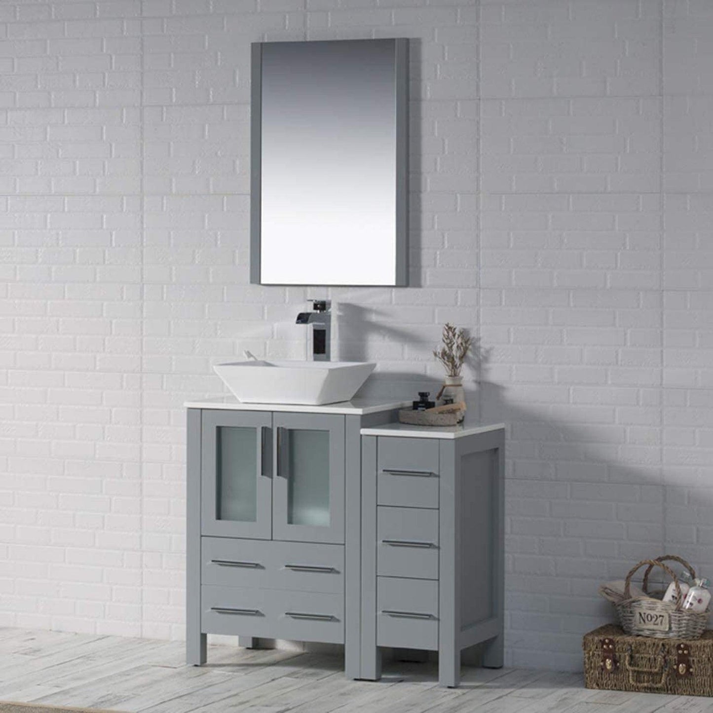 Blossom Sydney 36" Metal Gray Freestanding Vanity Set With Ceramic Vessel Single Sink and Side Cabinet