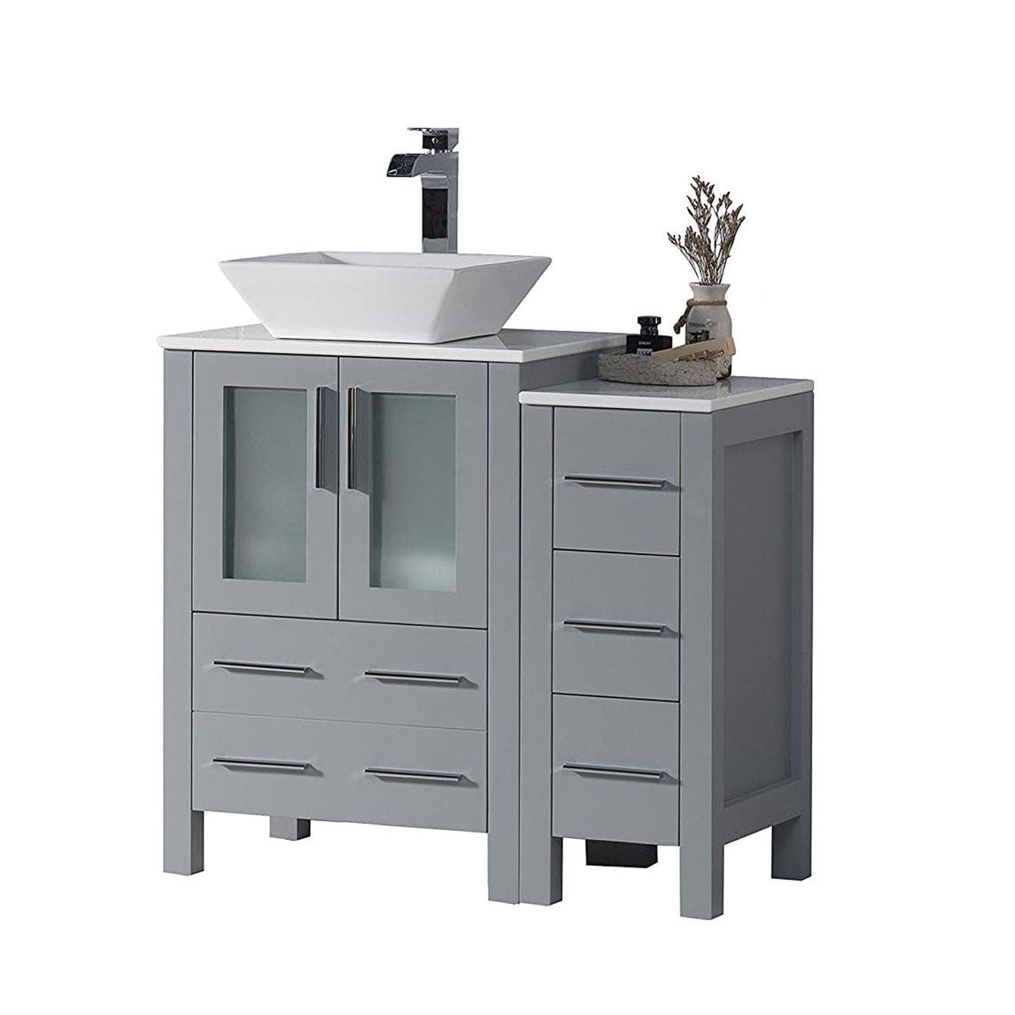 Blossom Sydney 36" Metal Gray Freestanding Vanity Set With Ceramic Vessel Single Sink and Side Cabinet