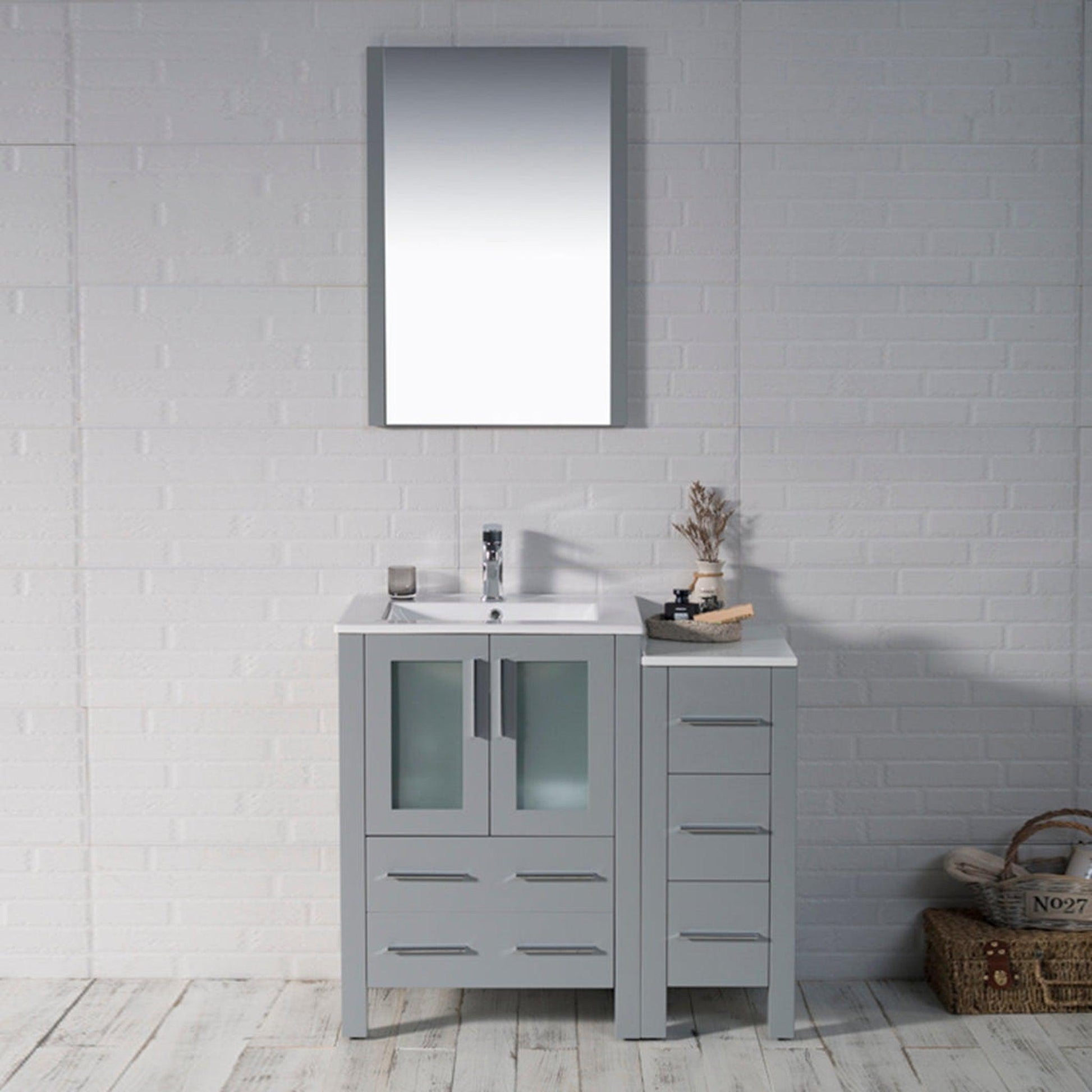 Blossom Sydney 36" Metal Gray Freestanding Vanity Set With Integrated Single Sink Ceramic Top, Mirror and Side Cabinet