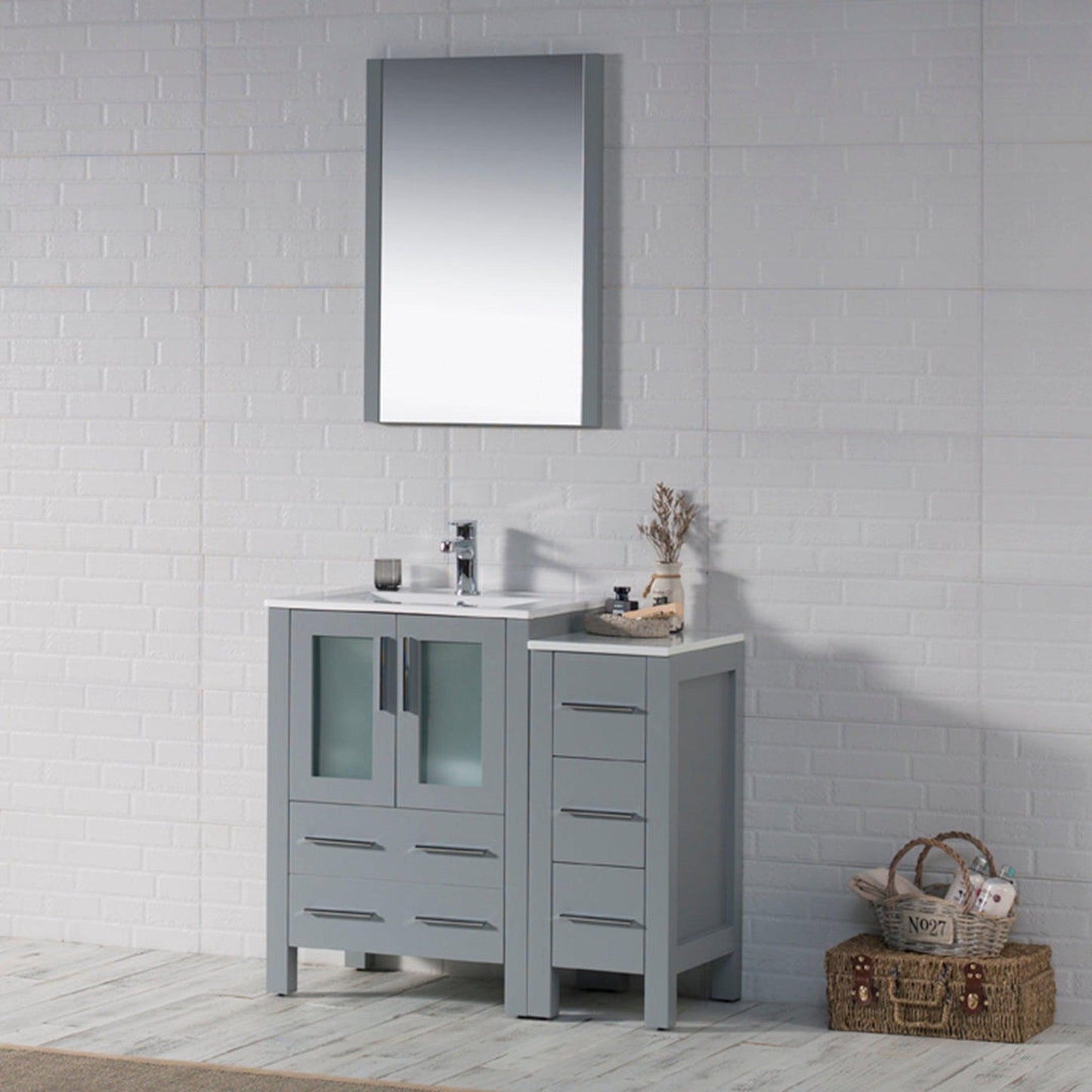 Blossom Sydney 36" Metal Gray Freestanding Vanity Set With Integrated Single Sink Ceramic Top, Mirror and Side Cabinet