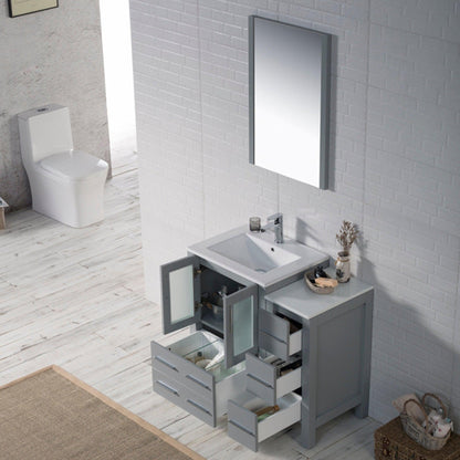 Blossom Sydney 36" Metal Gray Freestanding Vanity Set With Integrated Single Sink Ceramic Top, Mirror and Side Cabinet