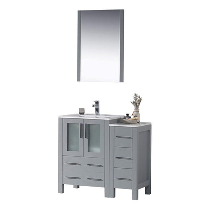 Blossom Sydney 36" Metal Gray Freestanding Vanity Set With Integrated Single Sink Ceramic Top, Mirror and Side Cabinet