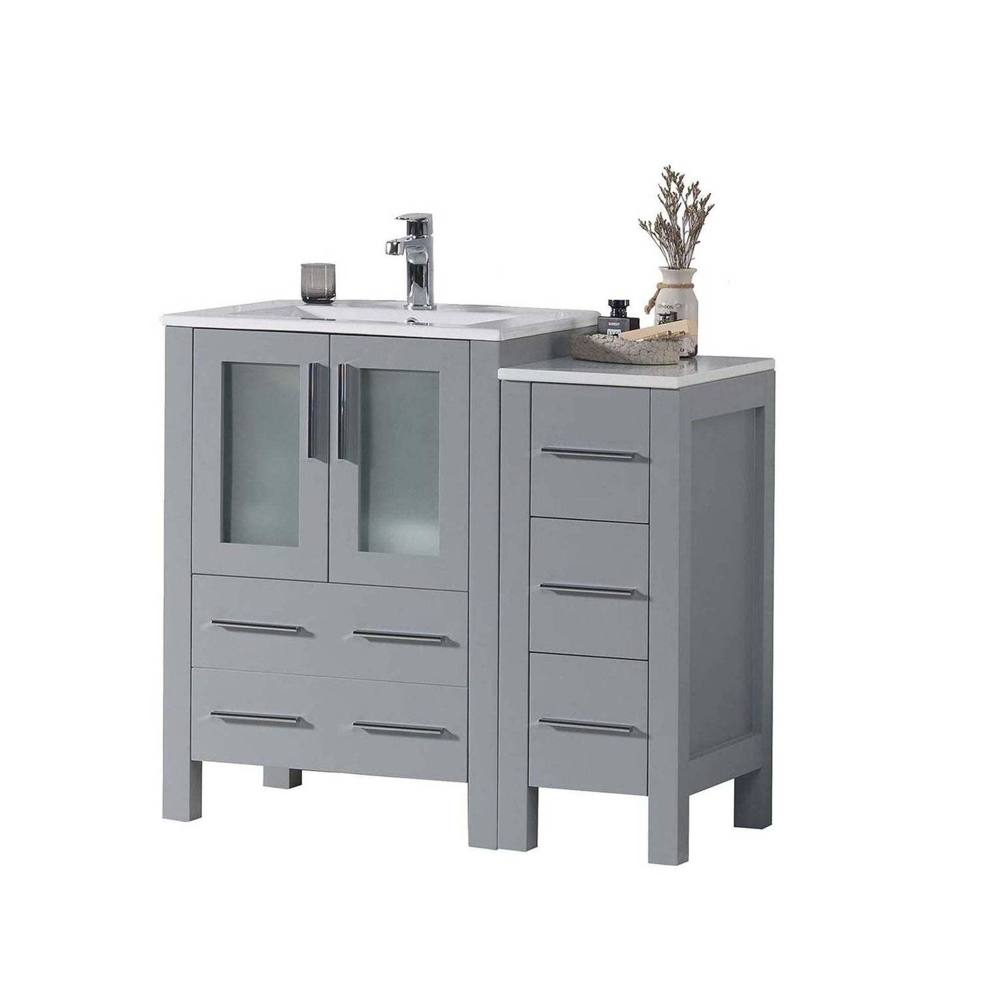 Blossom Sydney 36" Metal Gray Freestanding Vanity Set With Integrated Single Sink Ceramic Top and Side Cabinet
