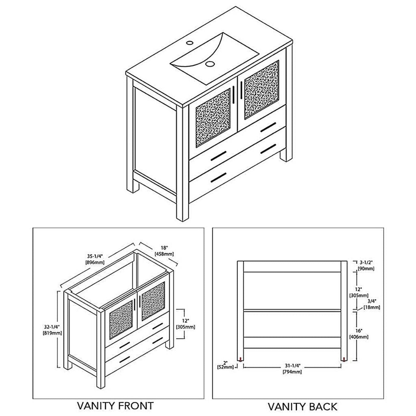 Blossom Sydney 36" White Freestanding Vanity Base