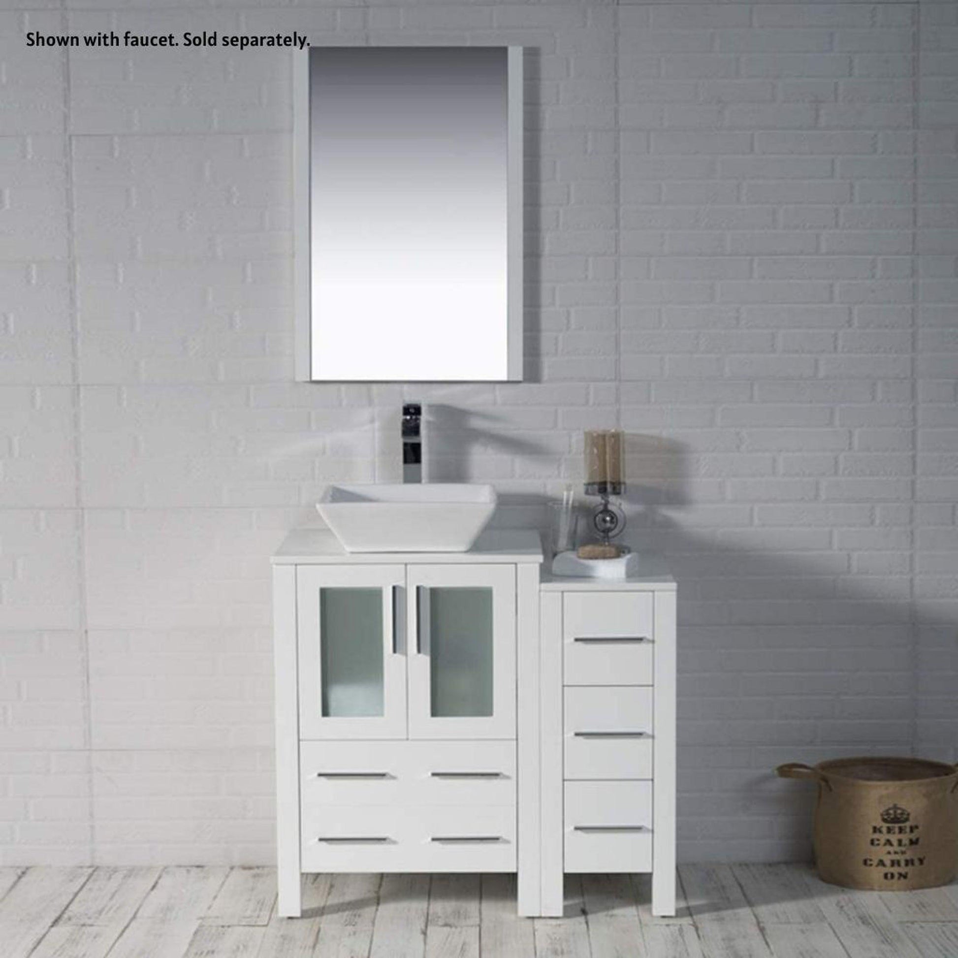 Blossom Sydney 36" White Freestanding Vanity Set With Ceramic Vessel Single Sink, Mirror and Side Cabinet