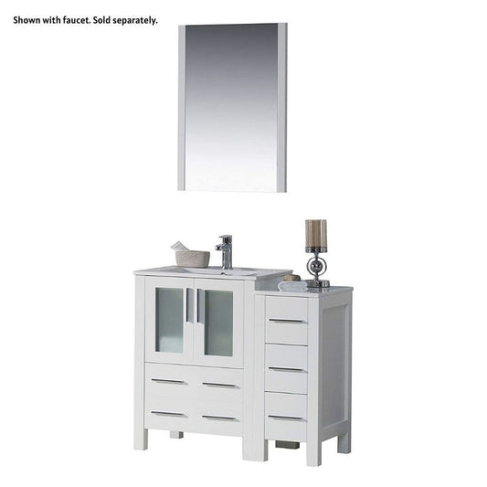Blossom Sydney 36" White Freestanding Vanity Set With Integrated Single Sink Ceramic Top, Mirror and Side Cabinet
