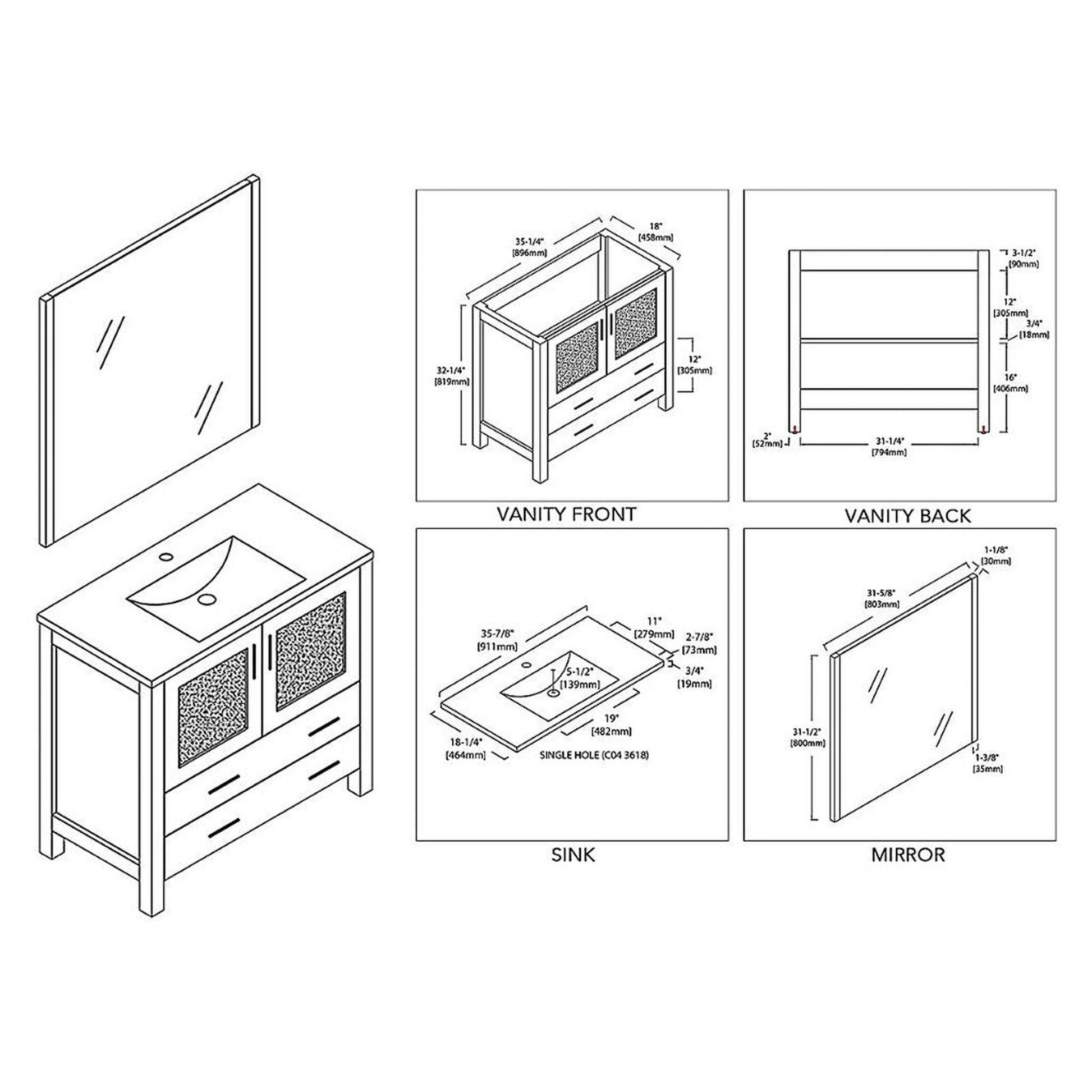 Blossom Sydney 36" White Freestanding Vanity Set With Integrated Single Sink Ceramic Top and Mirror