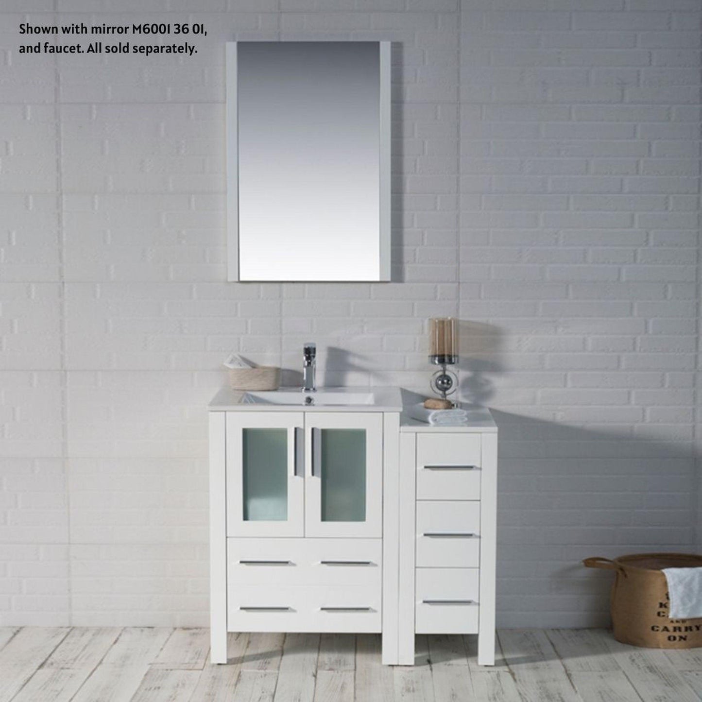 Blossom Sydney 36" White Freestanding Vanity Set With Integrated Single Sink Ceramic Top and Side Cabinet