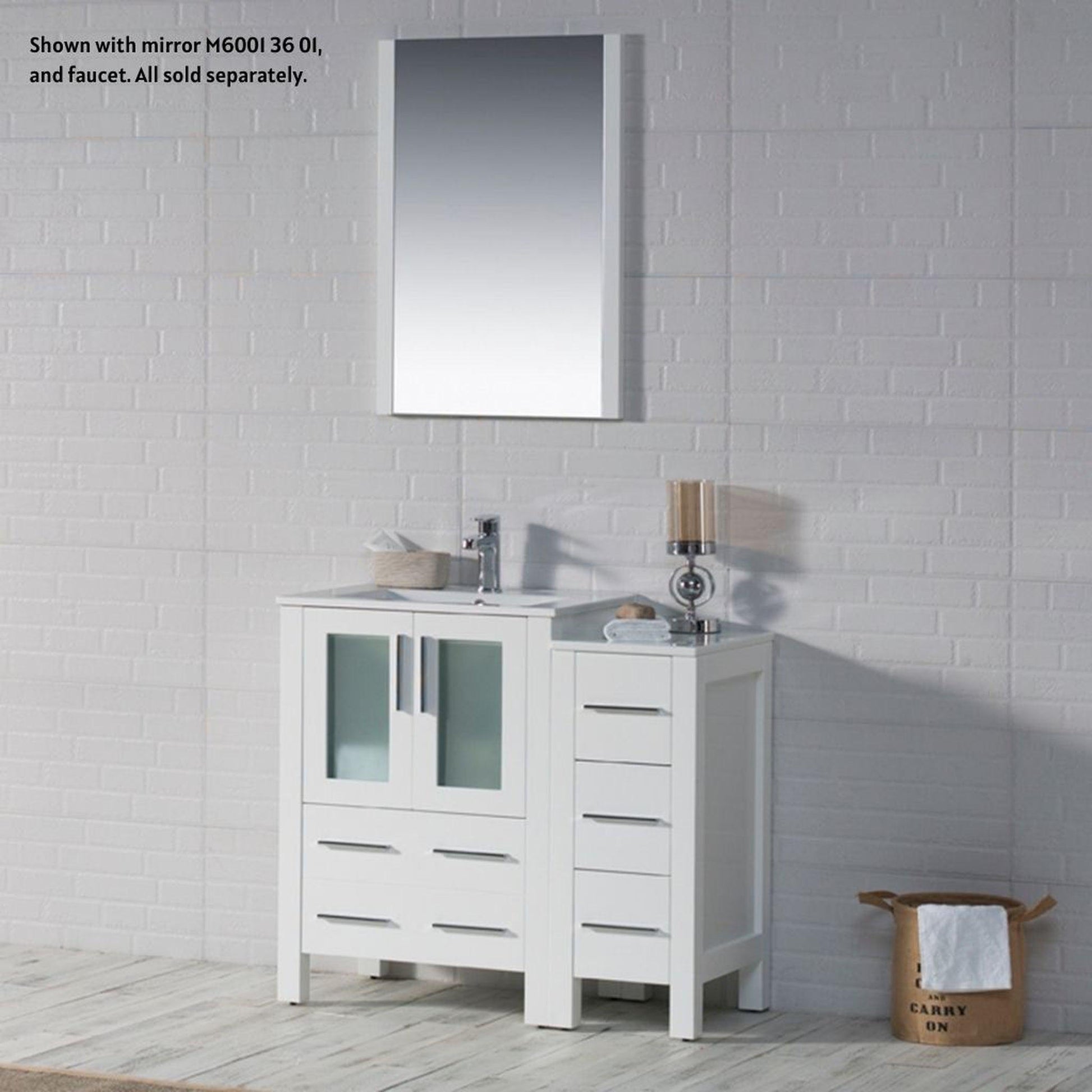 Blossom Sydney 36" White Freestanding Vanity Set With Integrated Single Sink Ceramic Top and Side Cabinet