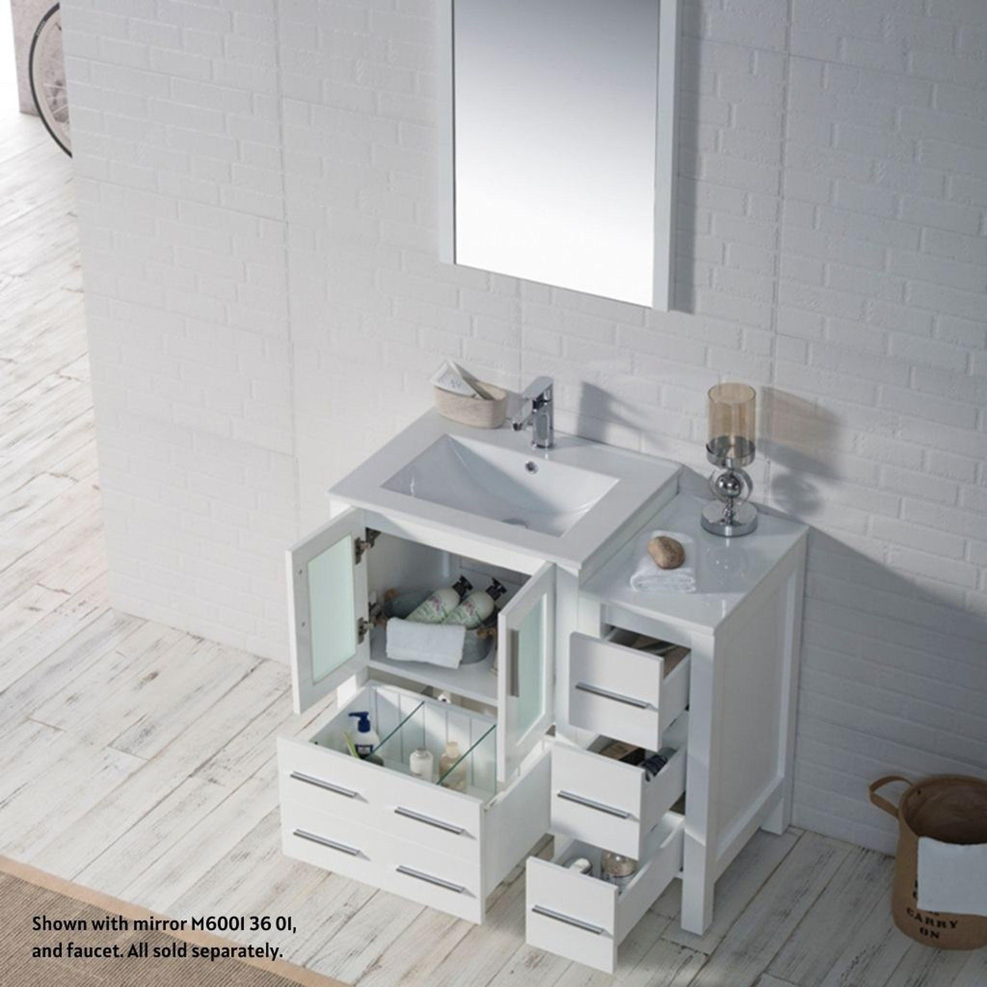 Blossom Sydney 36" White Freestanding Vanity Set With Integrated Single Sink Ceramic Top and Side Cabinet