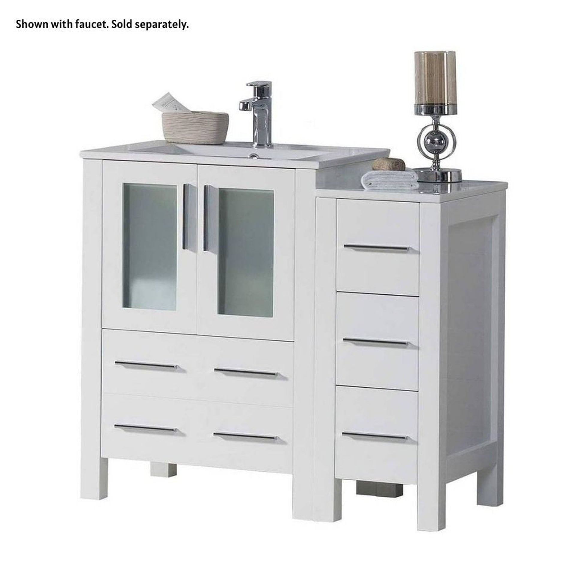 Blossom Sydney 36" White Freestanding Vanity Set With Integrated Single Sink Ceramic Top and Side Cabinet