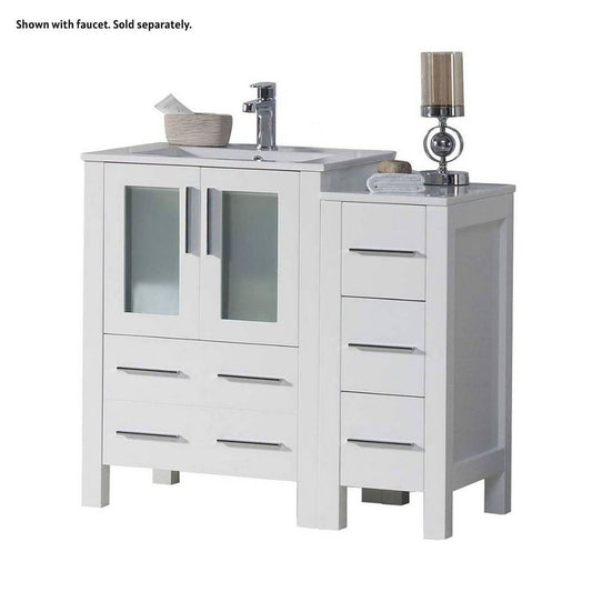Blossom Sydney 36" White Freestanding Vanity Set With Integrated Single Sink Ceramic Top and Side Cabinet