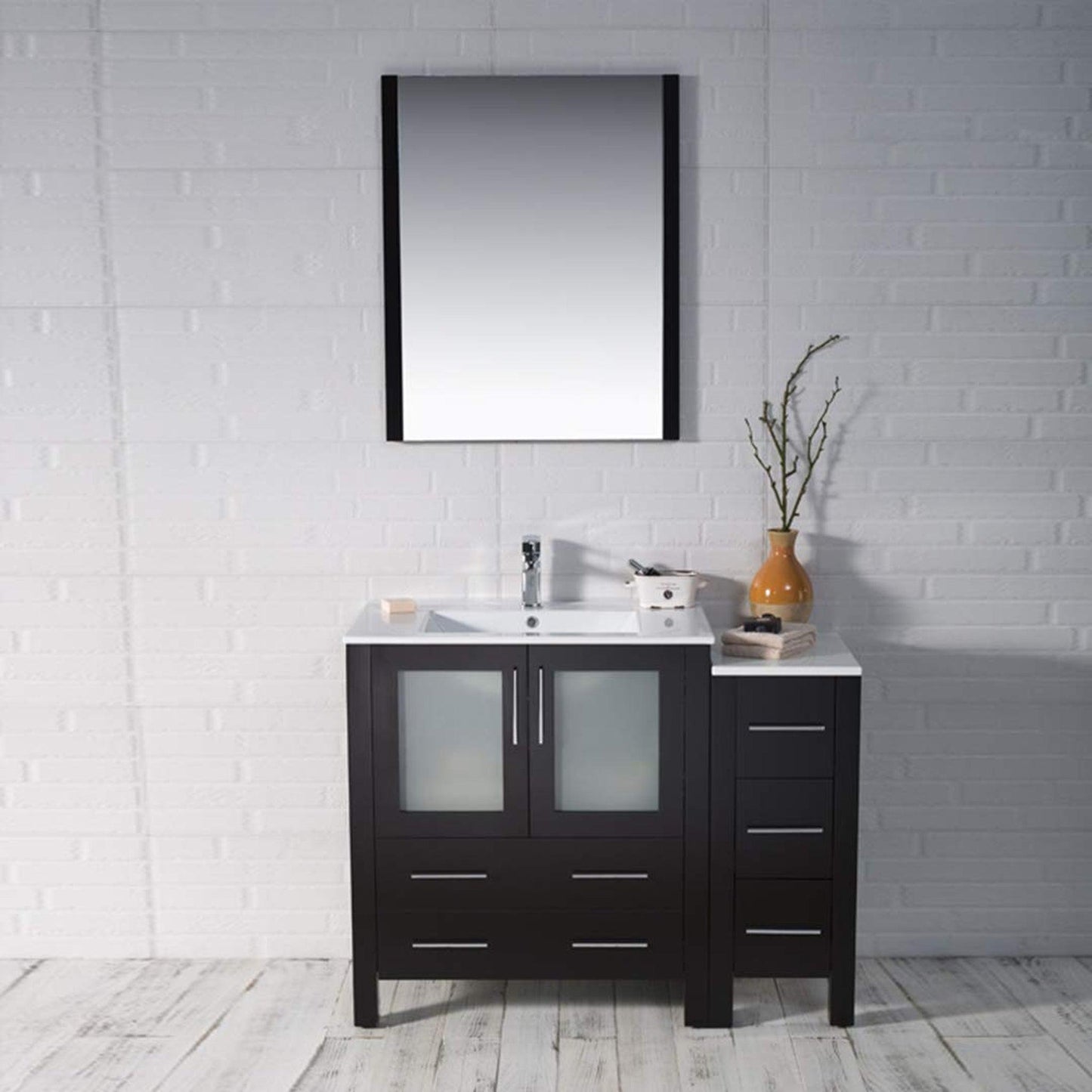 Blossom Sydney 42" Espresso Freestanding Vanity Set With Ceramic Top and Integrated Single Sink, Mirror and Side Cabinet