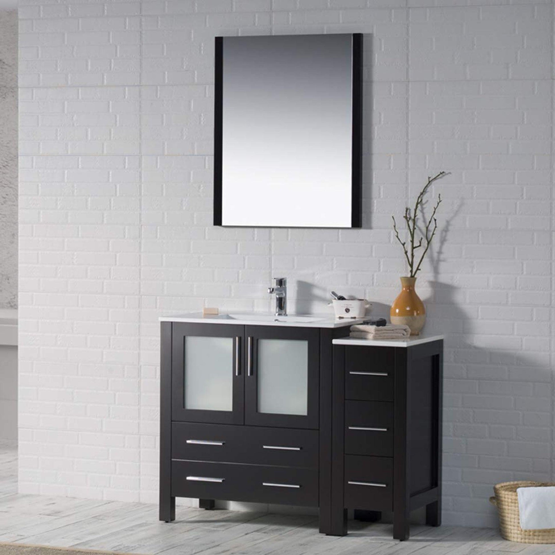 Blossom Sydney 42" Espresso Freestanding Vanity Set With Ceramic Top and Integrated Single Sink, Mirror and Side Cabinet