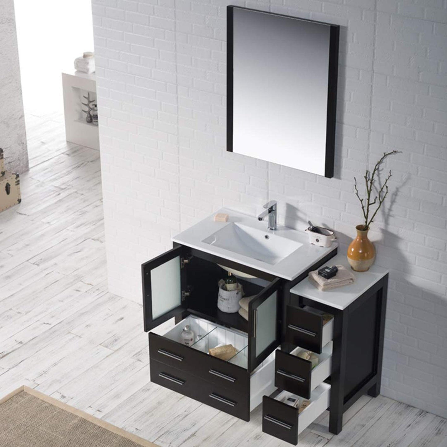 Blossom Sydney 42" Espresso Freestanding Vanity Set With Ceramic Top and Integrated Single Sink, Mirror and Side Cabinet