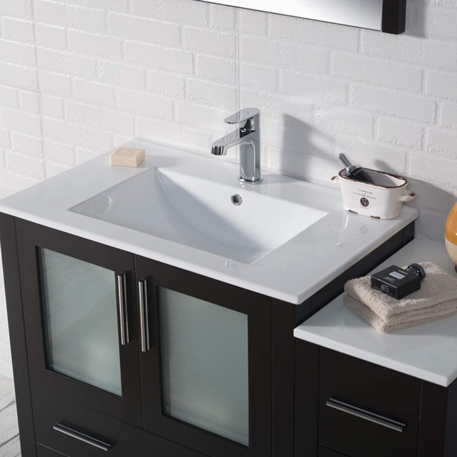 Blossom Sydney 42" Espresso Freestanding Vanity Set With Ceramic Top and Integrated Single Sink, Mirror and Side Cabinet