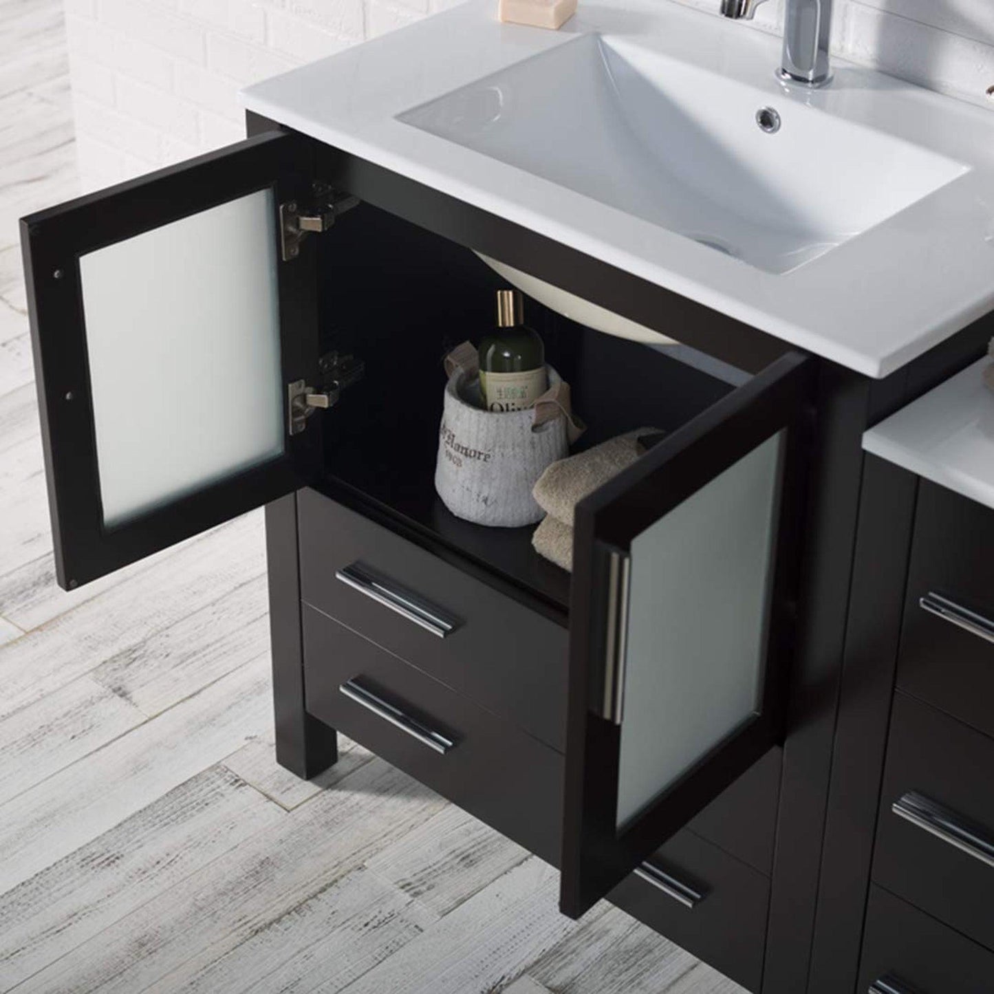 Blossom Sydney 42" Espresso Freestanding Vanity Set With Ceramic Top and Integrated Single Sink, Mirror and Side Cabinet
