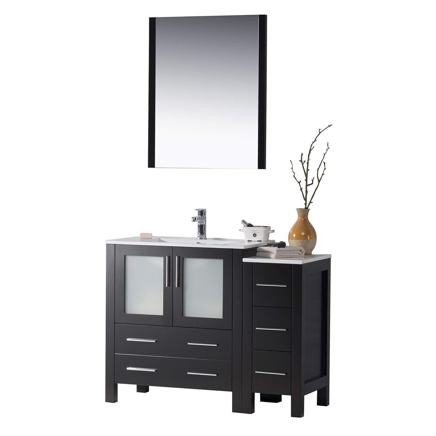 Blossom Sydney 42" Espresso Freestanding Vanity Set With Ceramic Top and Integrated Single Sink, Mirror and Side Cabinet